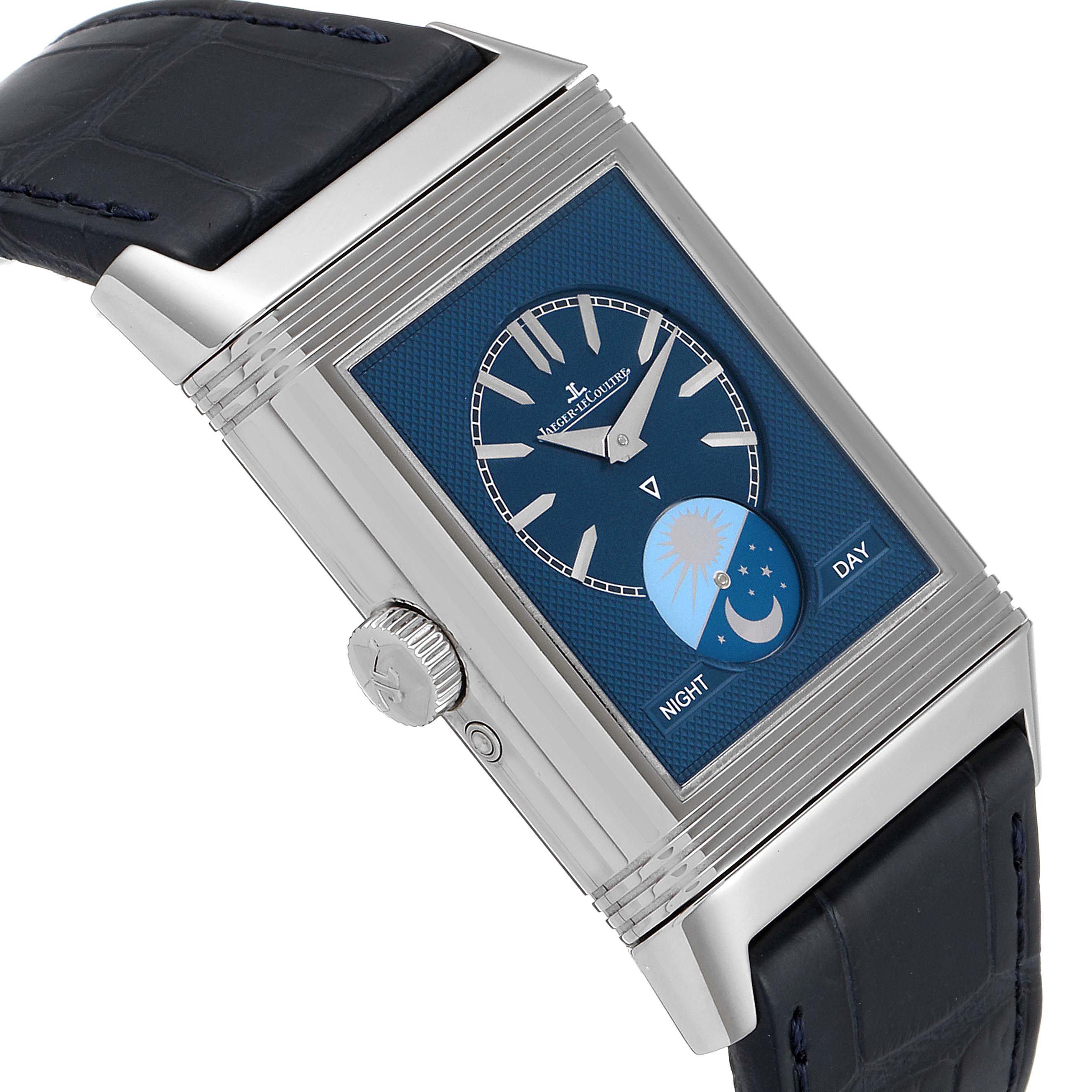 This Jaeger LeCoultre Reverso Q3958420 Men's Stainless Steel Blue Dial Q3958420 Men's Stainless Steel Blue Dial model watch is shown at a tilted angle, highlighting the face with "Night/Day" indicator and part of the strap.