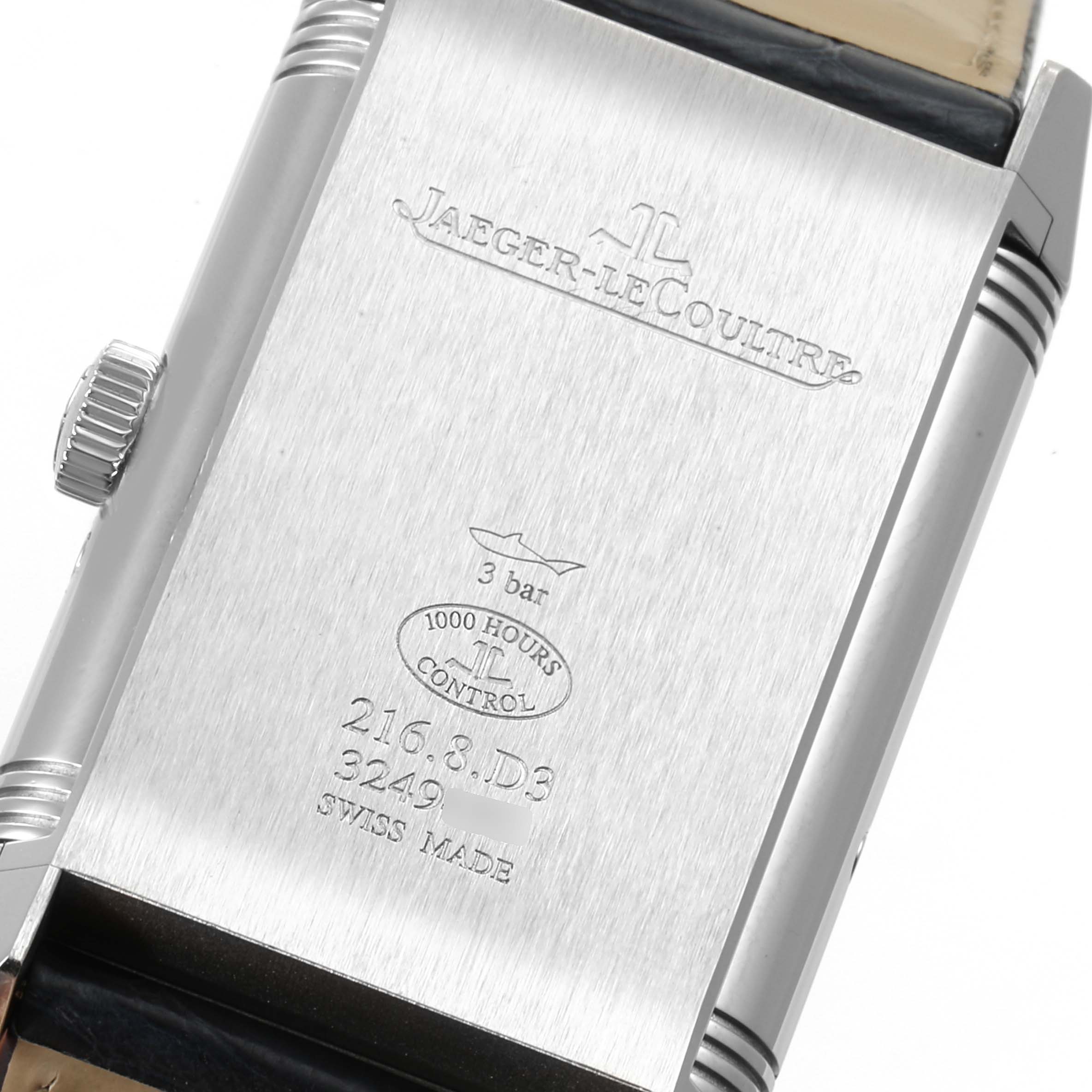 This image shows the back case and crown of the Jaeger-LeCoultre Reverso watch.