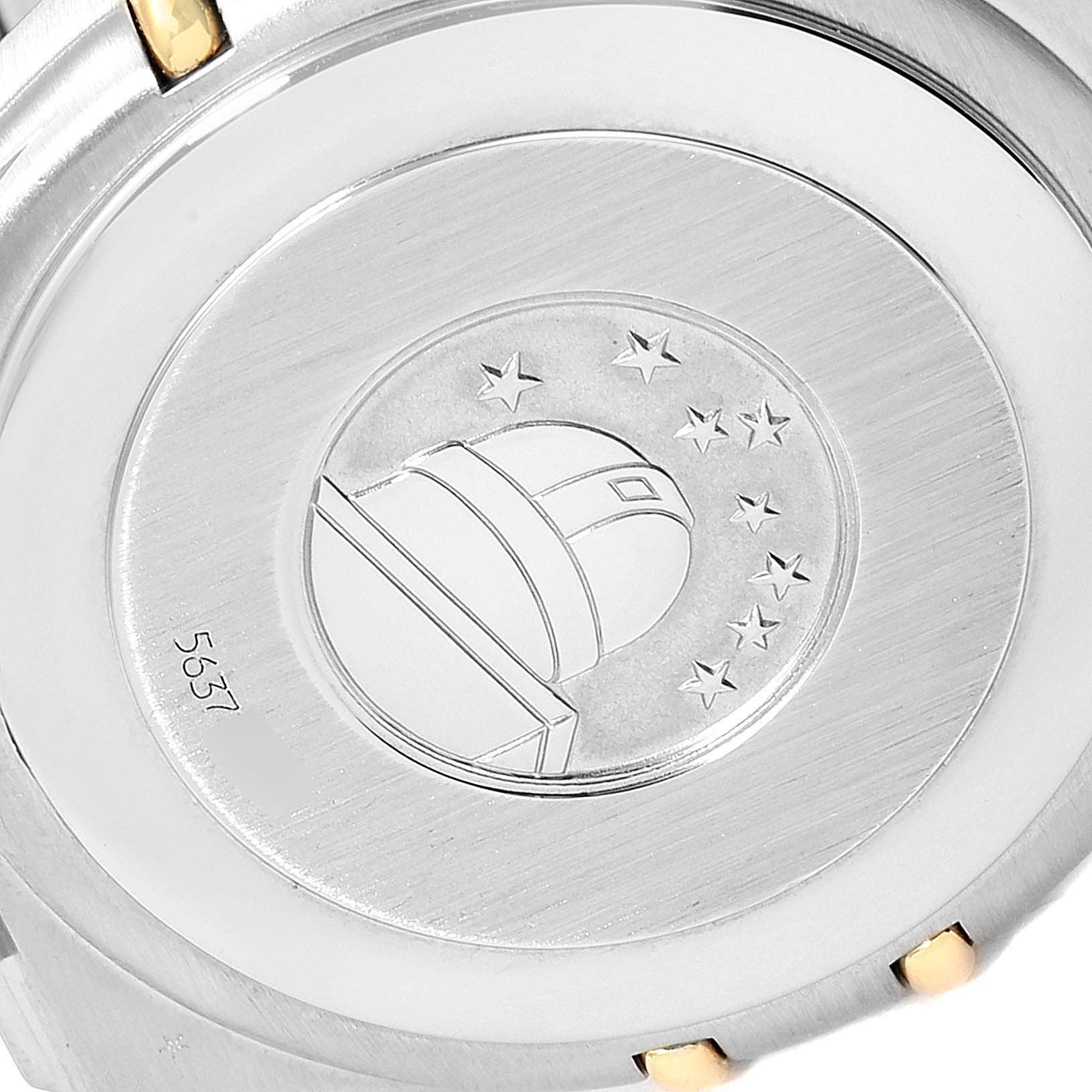 This image shows the case back of an Omega Constellation 1252.30.00 Men's Steel and Gold (two tone) Silver Dial 1252.30.00 Men's Steel and Gold (two tone) Silver Dial watch, highlighting the embossed observatory logo and stars.