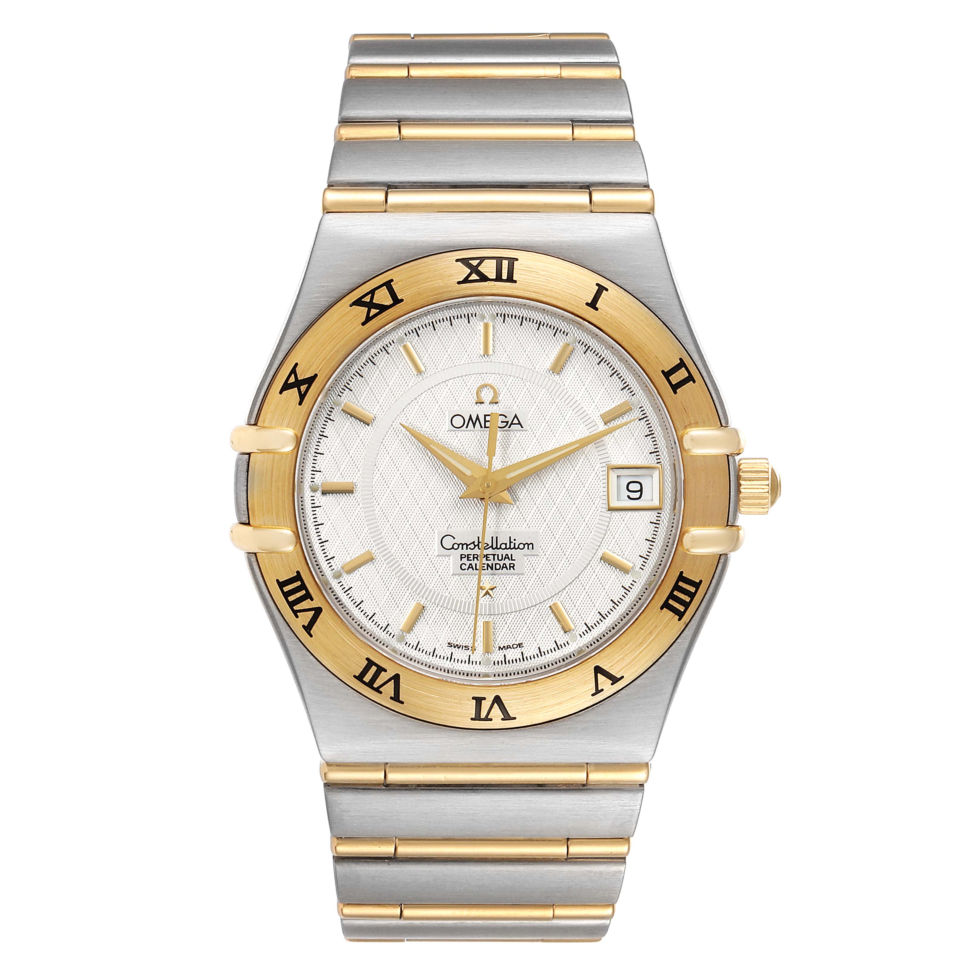 The image shows a frontal view of the Omega Constellation 1252.30.00 Men's Steel and Gold (two tone) Silver Dial 1252.30.00 Men's Steel and Gold (two tone) Silver Dial watch, highlighting its dial, bezel, bracelet, and crown.