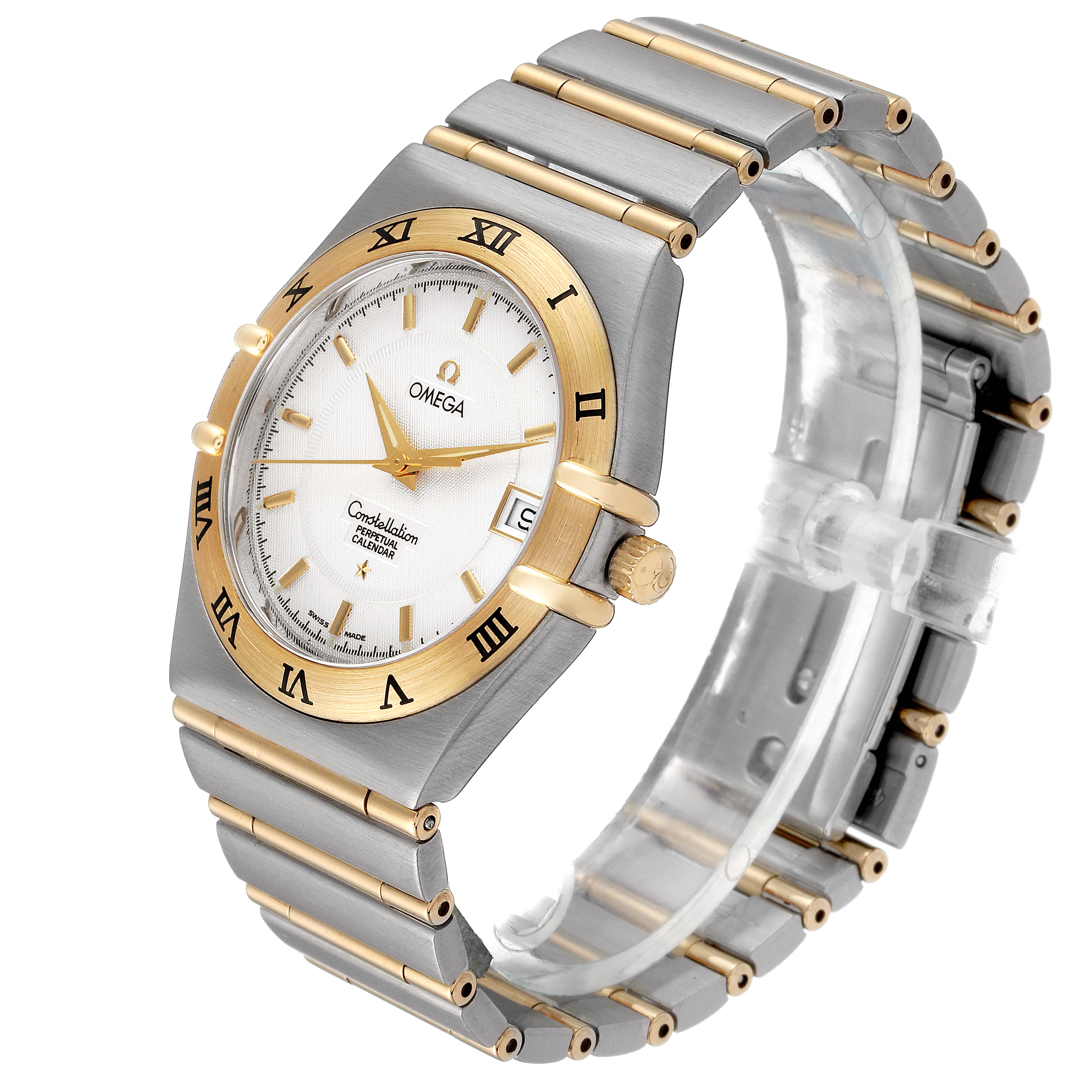 The Omega Constellation 1252.30.00 Men's Steel and Gold (two tone) Silver Dial 1252.30.00 Men's Steel and Gold (two tone) Silver Dial watch is shown from an angled side view, highlighting the face, bezel, crown, and bracelet.
