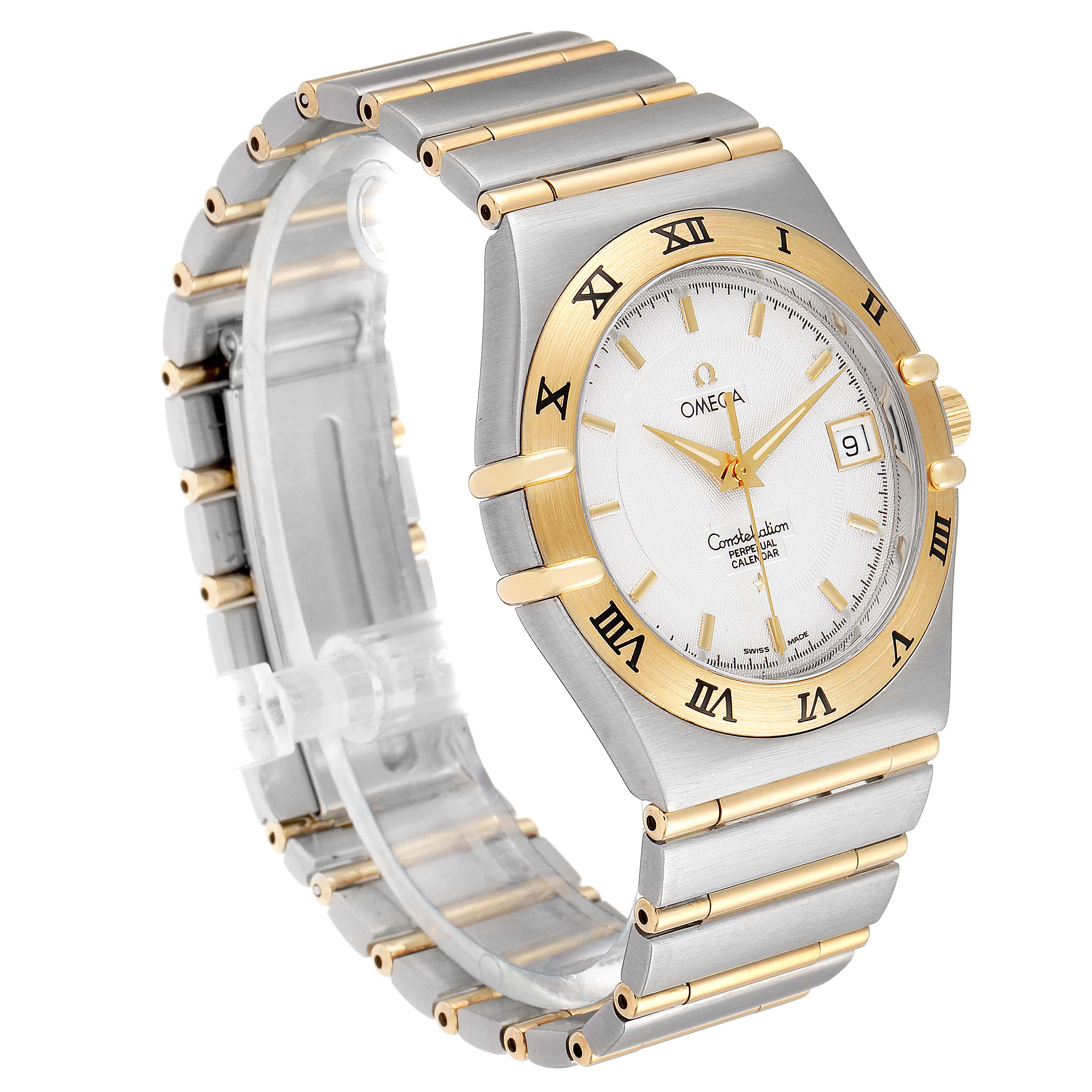 This image shows an Omega Constellation 1252.30.00 Men's Steel and Gold (two tone) Silver Dial 1252.30.00 Men's Steel and Gold (two tone) Silver Dial watch at a three-quarter angle, displaying its face, bracelet, and bezel clearly.