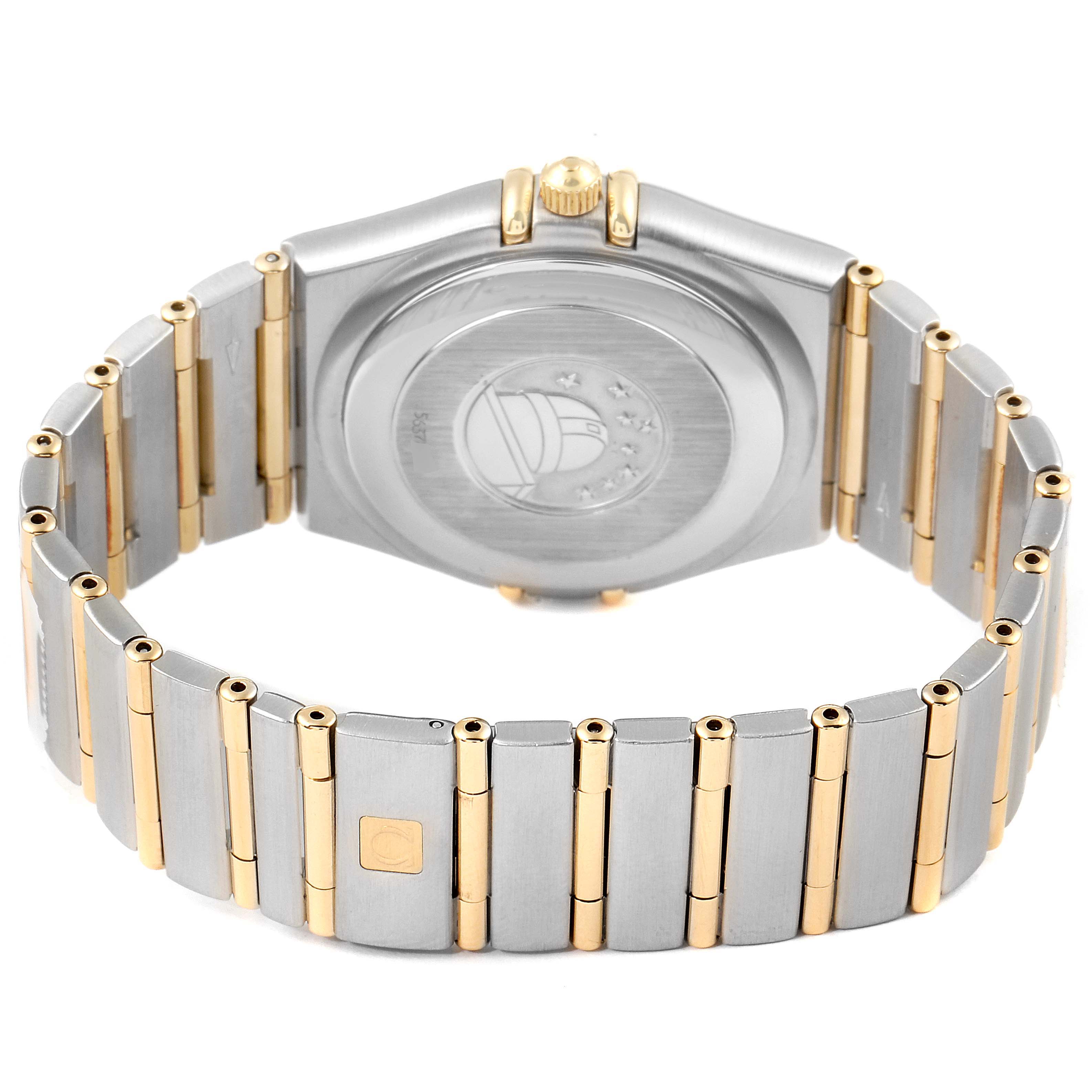 The image shows the back case and bracelet of the Omega Constellation 1252.30.00 Men's Steel and Gold (two tone) Silver Dial 1252.30.00 Men's Steel and Gold (two tone) Silver Dial watch, highlighting its clasp, crown, and case back emblem.
