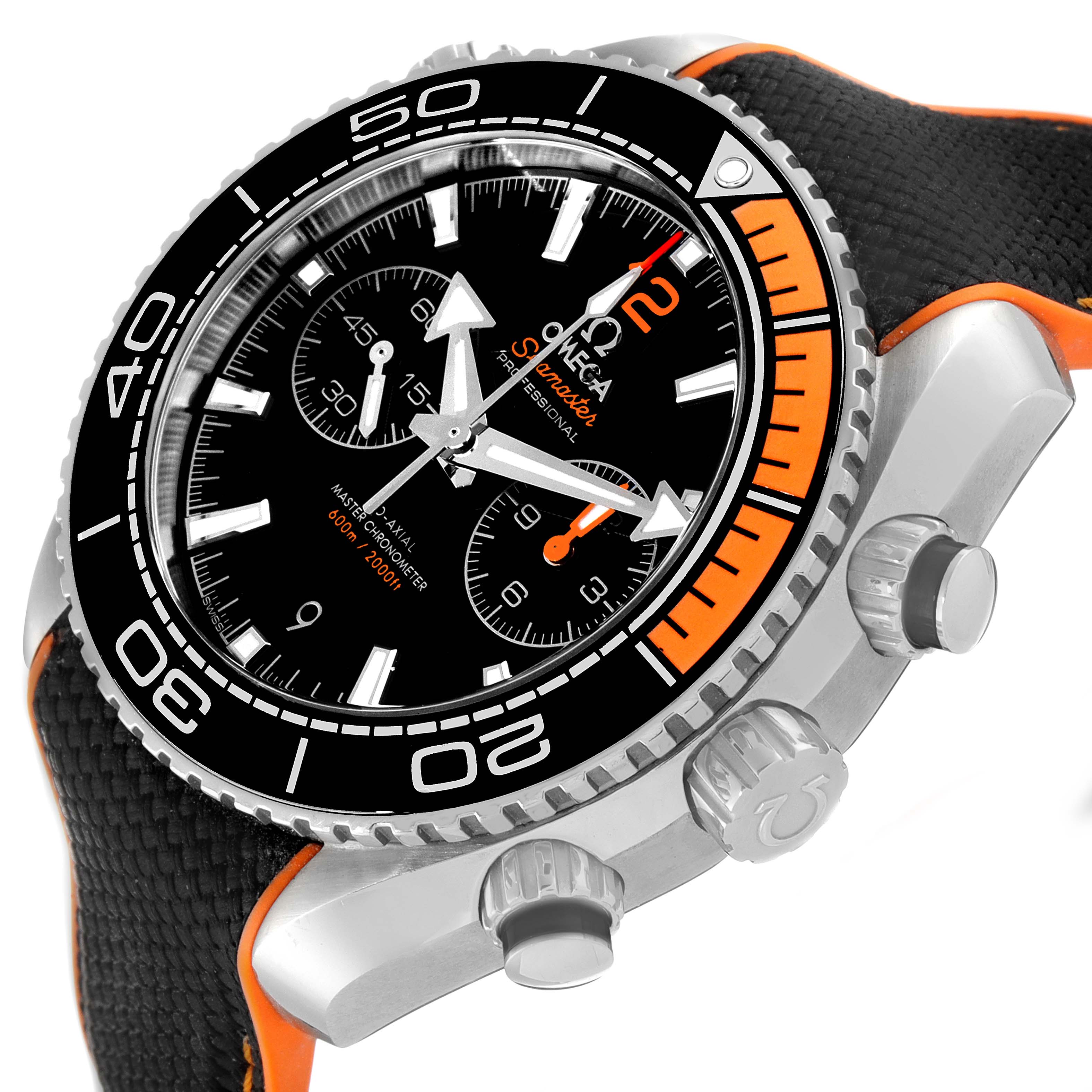 The image shows the Omega Planet Ocean 215.32.46.51.01.001 Men's Stainless Steel Black Dial 215.32.46.51.01.001 Men's Stainless Steel Black Dial watch at a three-quarter angle, highlighting the dial, bezel, and crown.