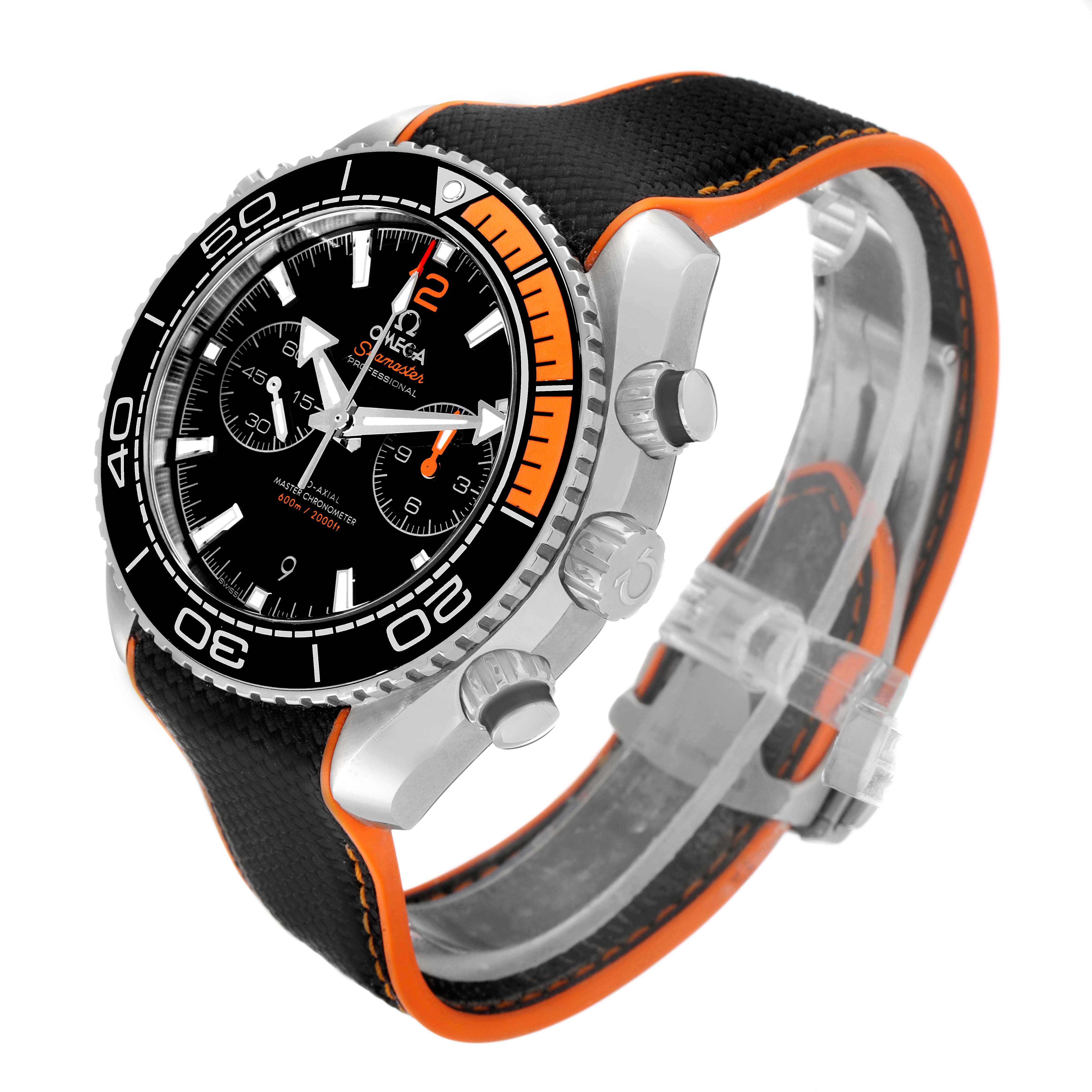 The Omega Planet Ocean 215.32.46.51.01.001 Men's Stainless Steel Black Dial 215.32.46.51.01.001 Men's Stainless Steel Black Dial watch is shown at an angle highlighting its face, bezel, and side buttons with a black and orange strap.