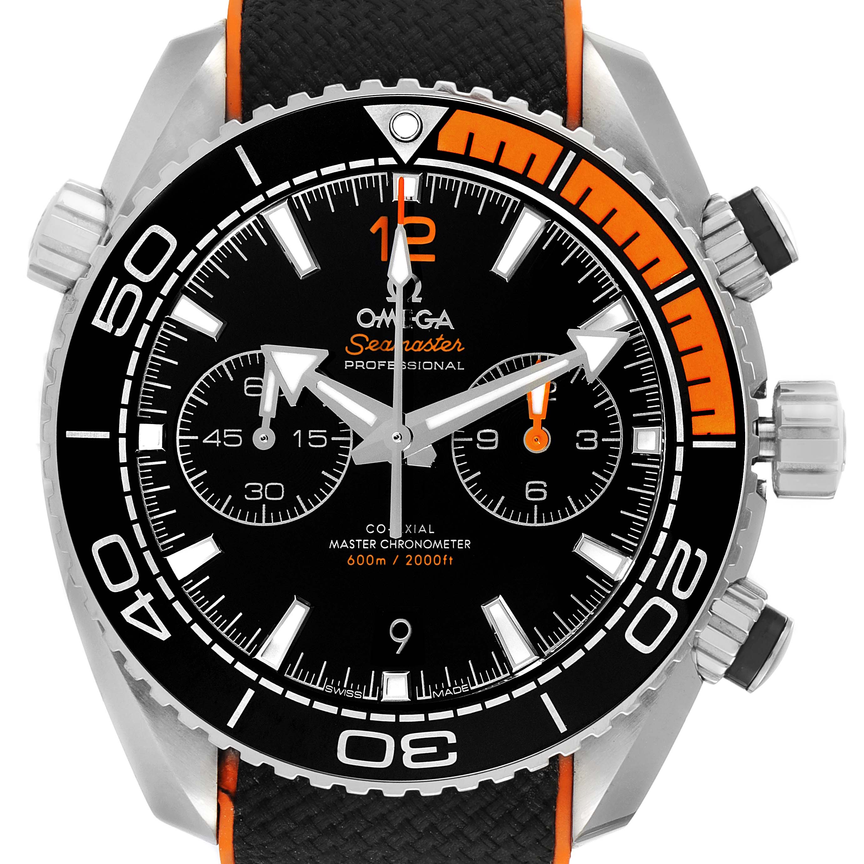 The image shows a front view of the Omega Planet Ocean 215.32.46.51.01.001 Men's Stainless Steel Black Dial 215.32.46.51.01.001 Men's Stainless Steel Black Dial Seamaster watch, highlighting its dial, bezel, and buttons.