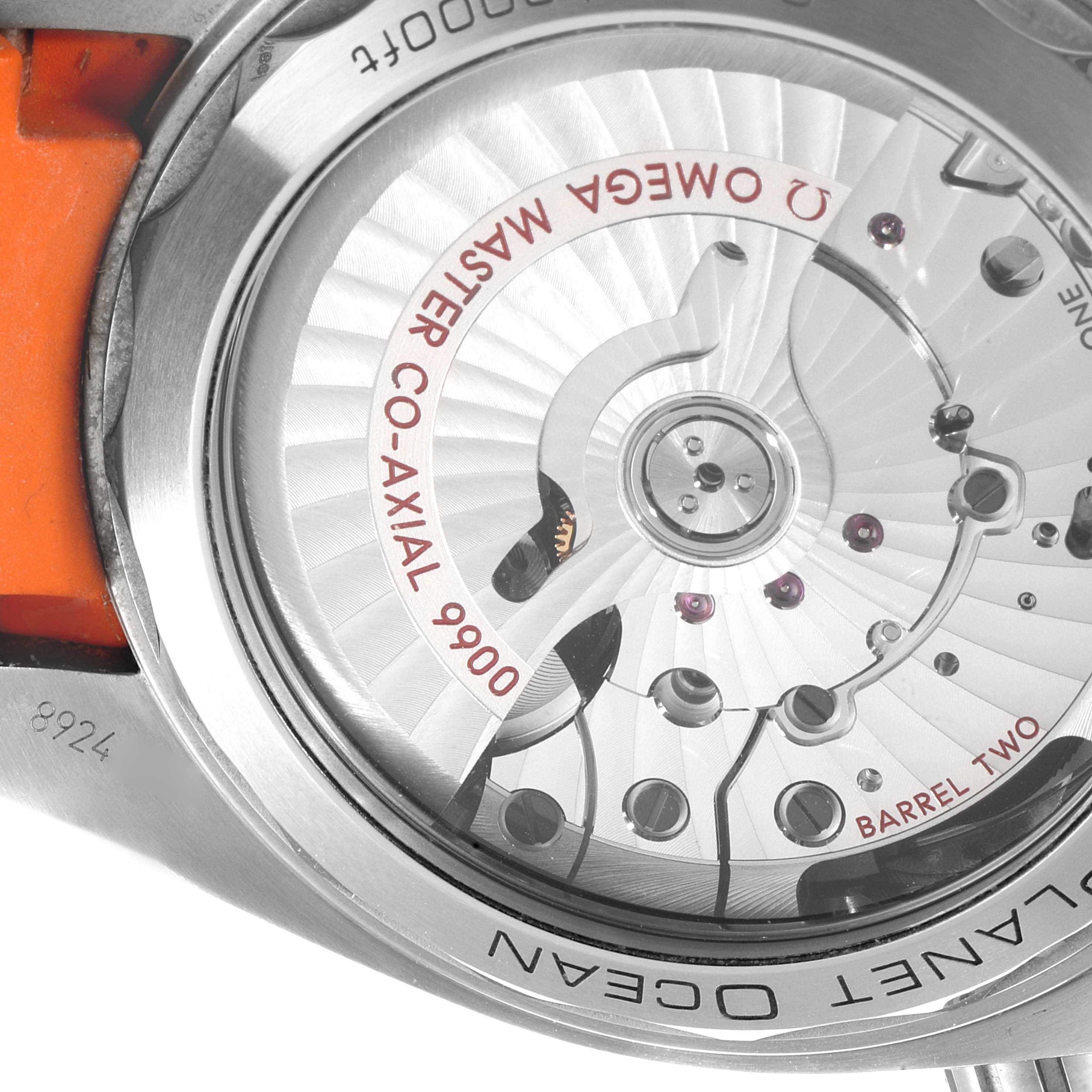 This image shows the back of the Omega Planet Ocean 215.32.46.51.01.001 Men's Stainless Steel Black Dial 215.32.46.51.01.001 Men's Stainless Steel Black Dial watch, highlighting the Master Co-Axial 9900 movement and visible components.