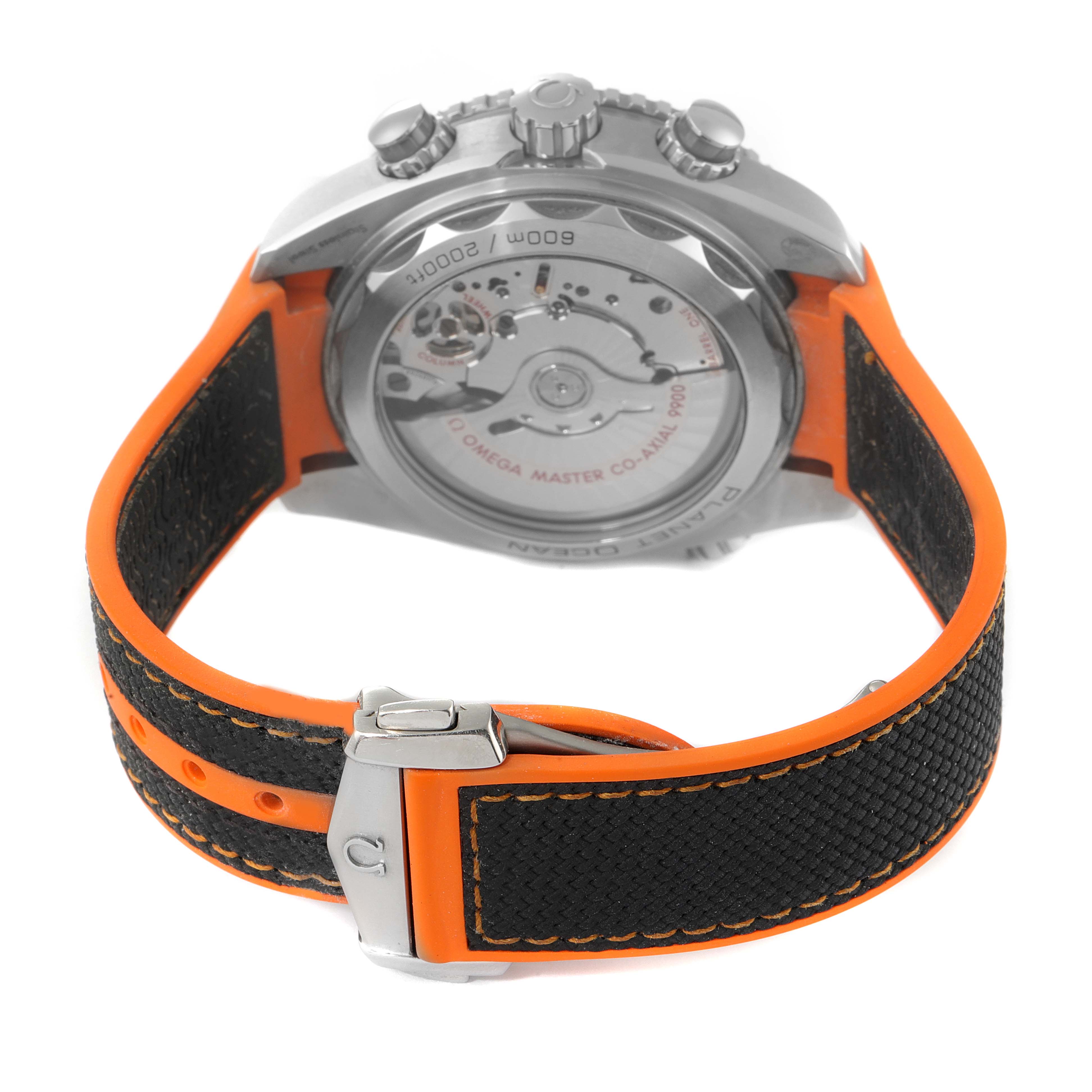 The image shows the back view of the Omega Planet Ocean 215.32.46.51.01.001 Men's Stainless Steel Black Dial 215.32.46.51.01.001 Men's Stainless Steel Black Dial watch, highlighting its movement and strap with an orange border.