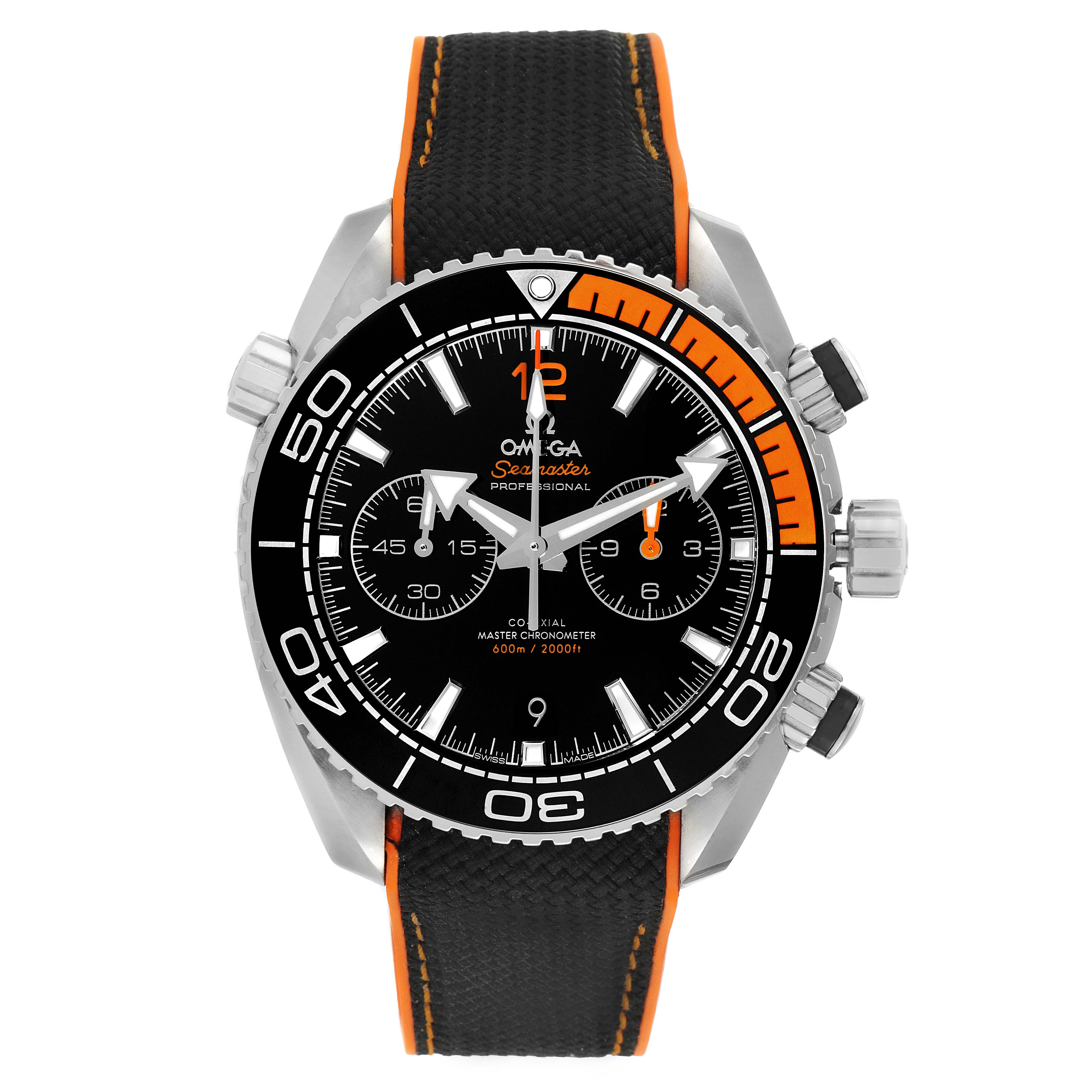 The Omega Planet Ocean 215.32.46.51.01.001 Men's Stainless Steel Black Dial 215.32.46.51.01.001 Men's Stainless Steel Black Dial watch is shown from the front, highlighting its black dial, chronograph subdials, and orange-accented bezel.