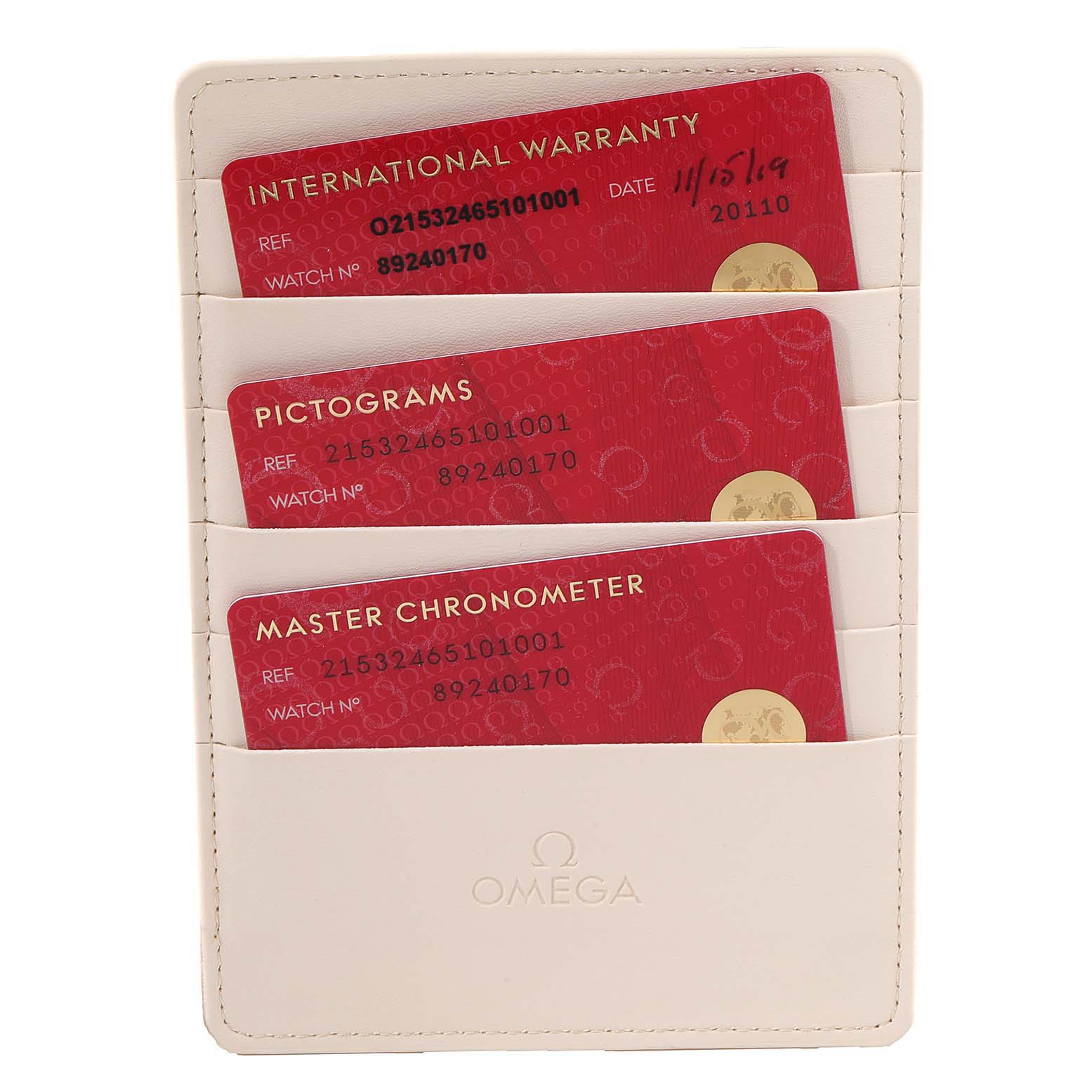 The image shows warranty cards for an Omega Planet Ocean 215.32.46.51.01.001 Men's Stainless Steel Black Dial 215.32.46.51.01.001 Men's Stainless Steel Black Dial watch, displayed in a white Omega-branded cardholder.