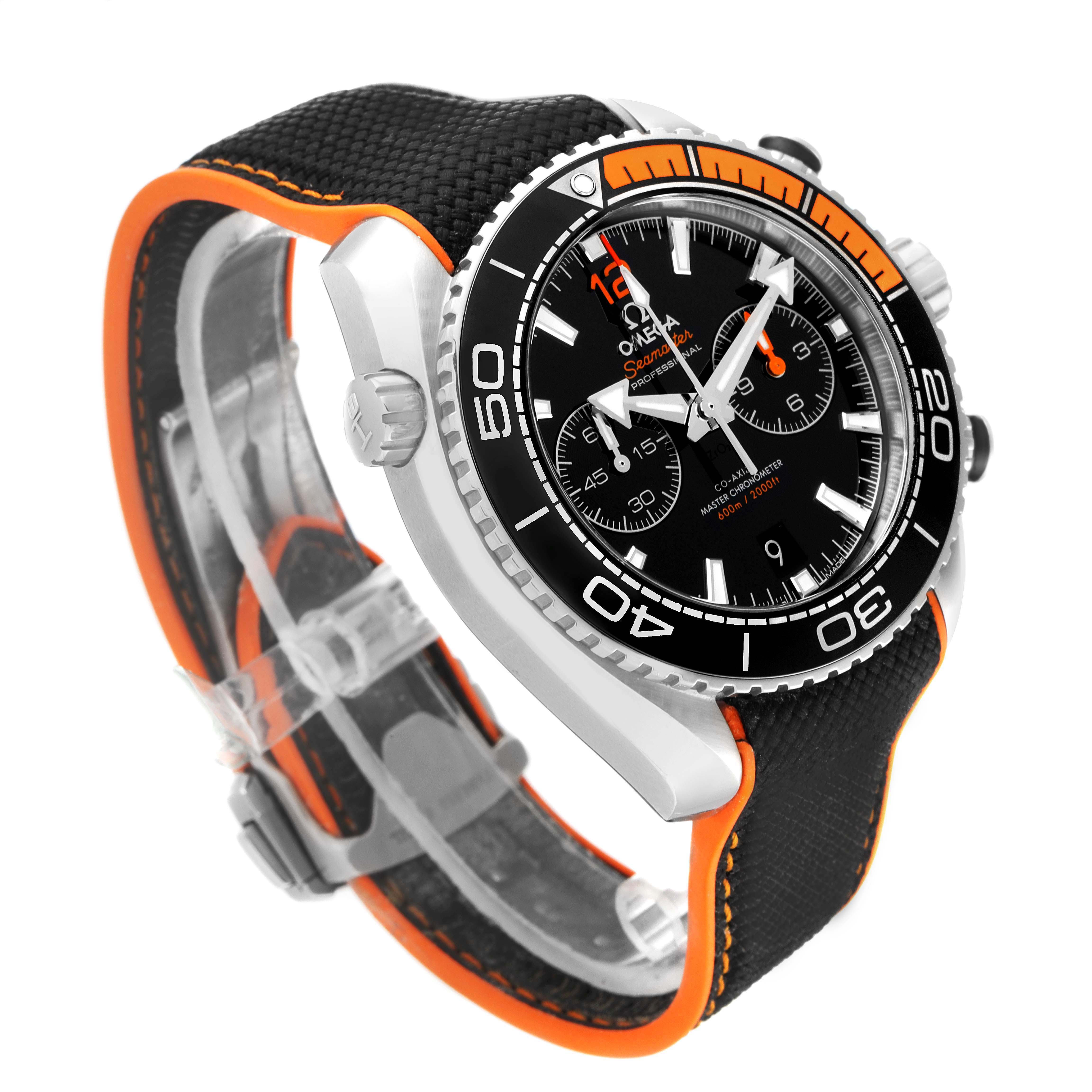 This image shows an Omega Planet Ocean 215.32.46.51.01.001 Men's Stainless Steel Black Dial 215.32.46.51.01.001 Men's Stainless Steel Black Dial watch from an oblique angle, highlighting its black and orange strap and bezel, and chronograph dial.