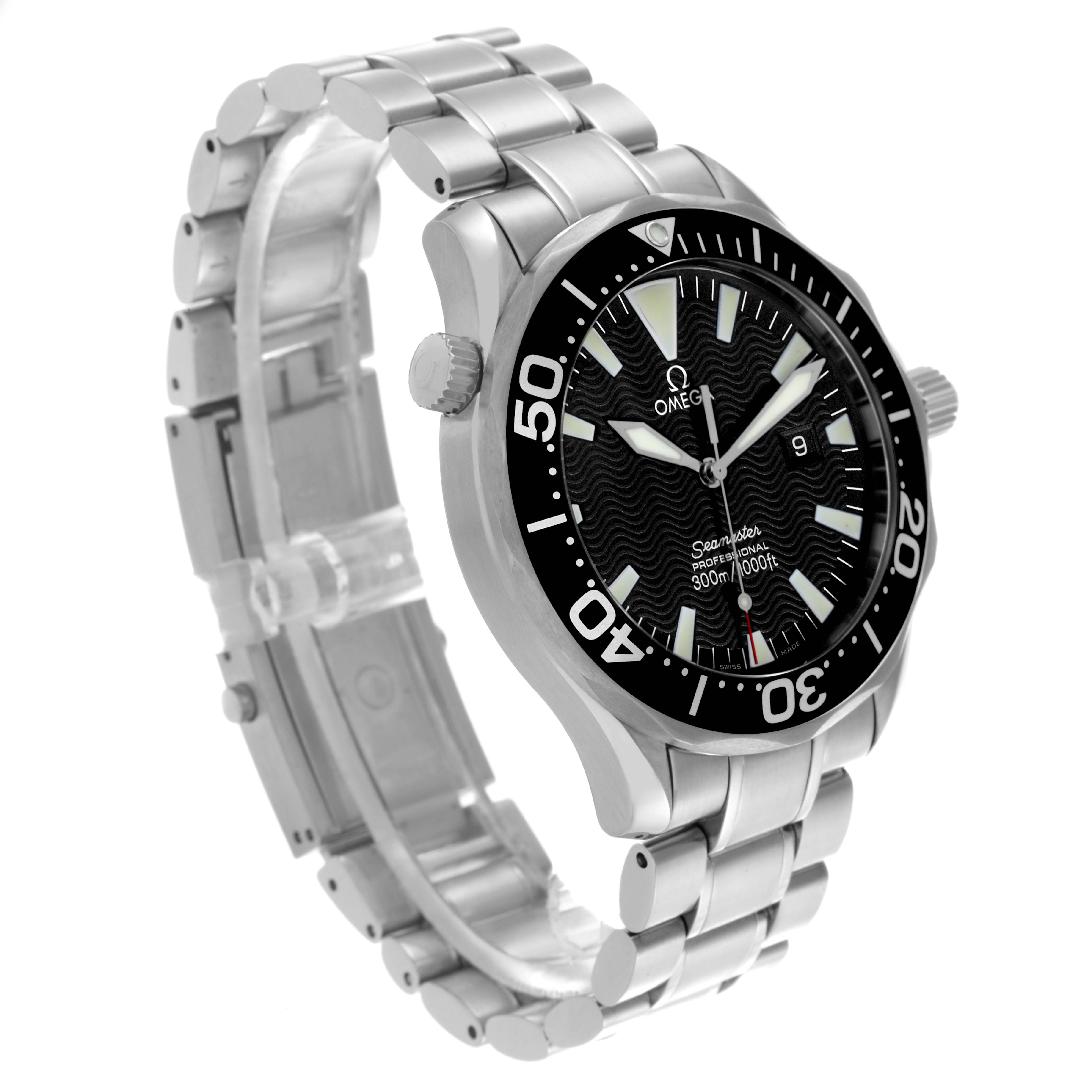 The Omega Seamaster 2264.50.00 Men
s Stainless Steel Black Dial 2264.50.00 Men
s Stainless Steel Black Dial watch is shown at a three-quarter angle, highlighting the face, bezel, and metal bracelet.