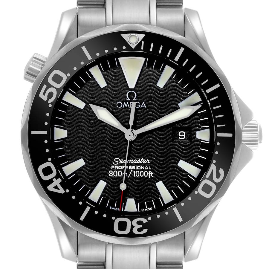 The image shows a front view of the Omega Seamaster watch, highlighting the dial, bezel, and bracelet.