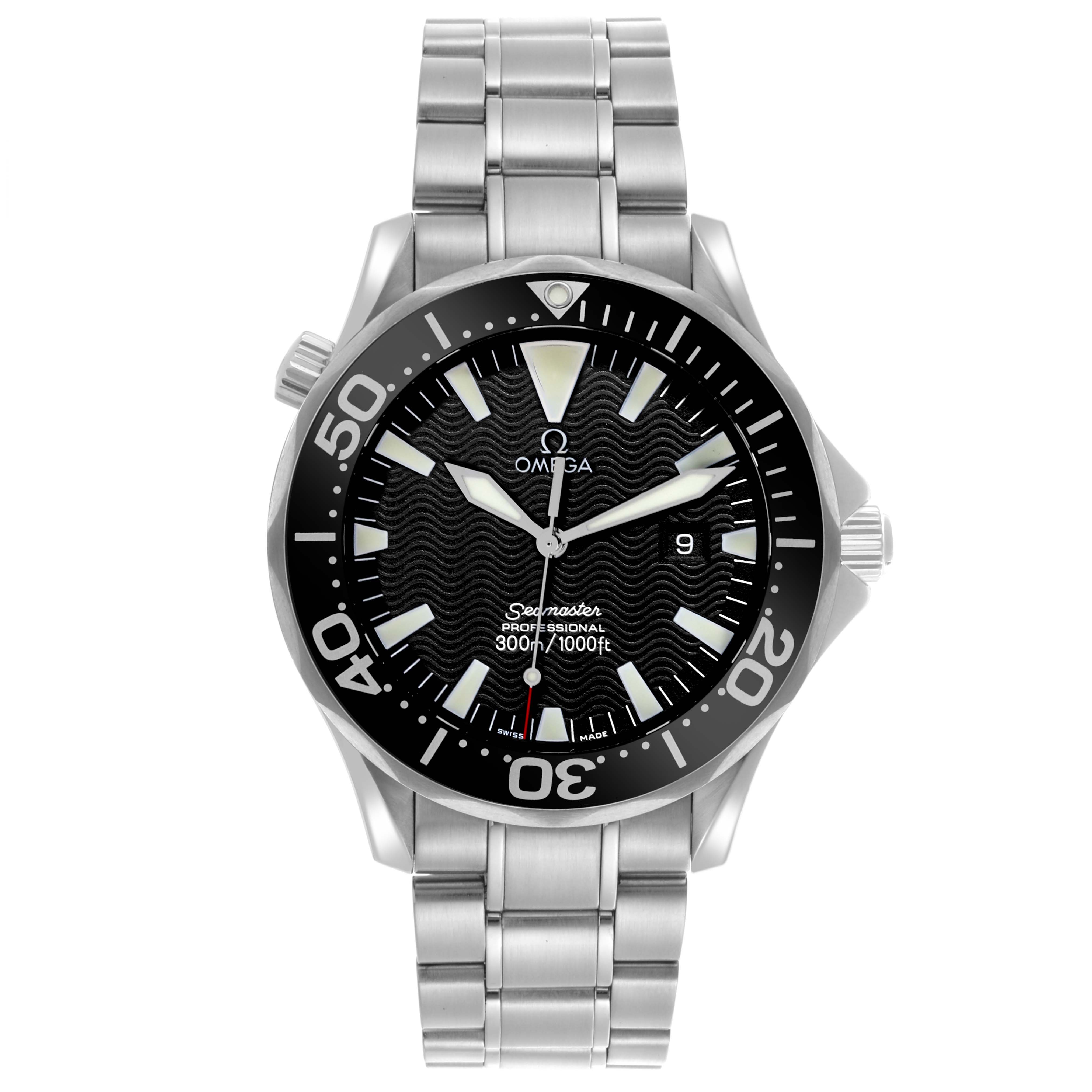 The Omega Seamaster 2264.50.00 Men
s Stainless Steel Black Dial 2264.50.00 Men
s Stainless Steel Black Dial watch is shown from a top-down angle, highlighting the dial, bezel, and bracelet.