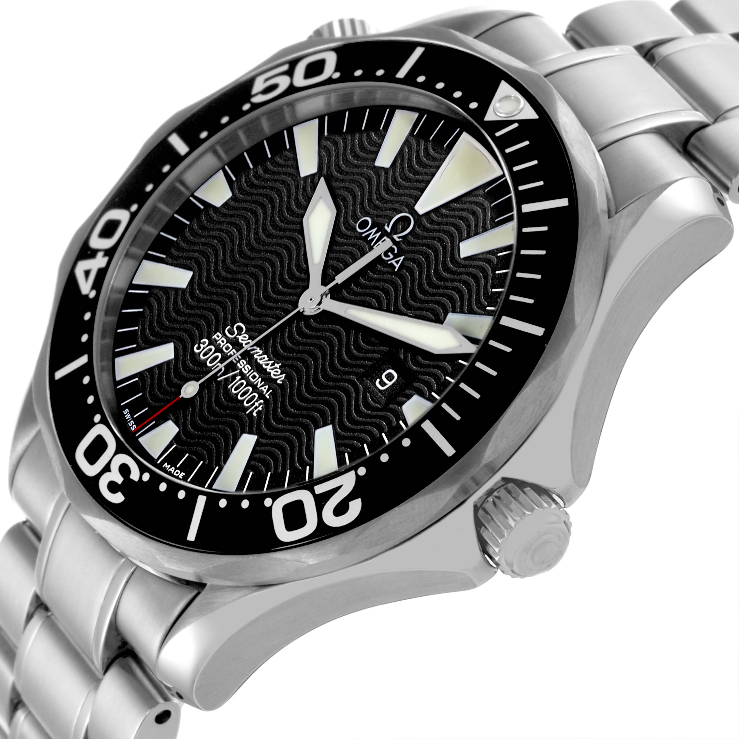 The Omega Seamaster 2264.50.00 Men
s Stainless Steel Black Dial 2264.50.00 Men
s Stainless Steel Black Dial watch is shown at an angled side view, displaying the face, bezel, crown, and part of the bracelet.