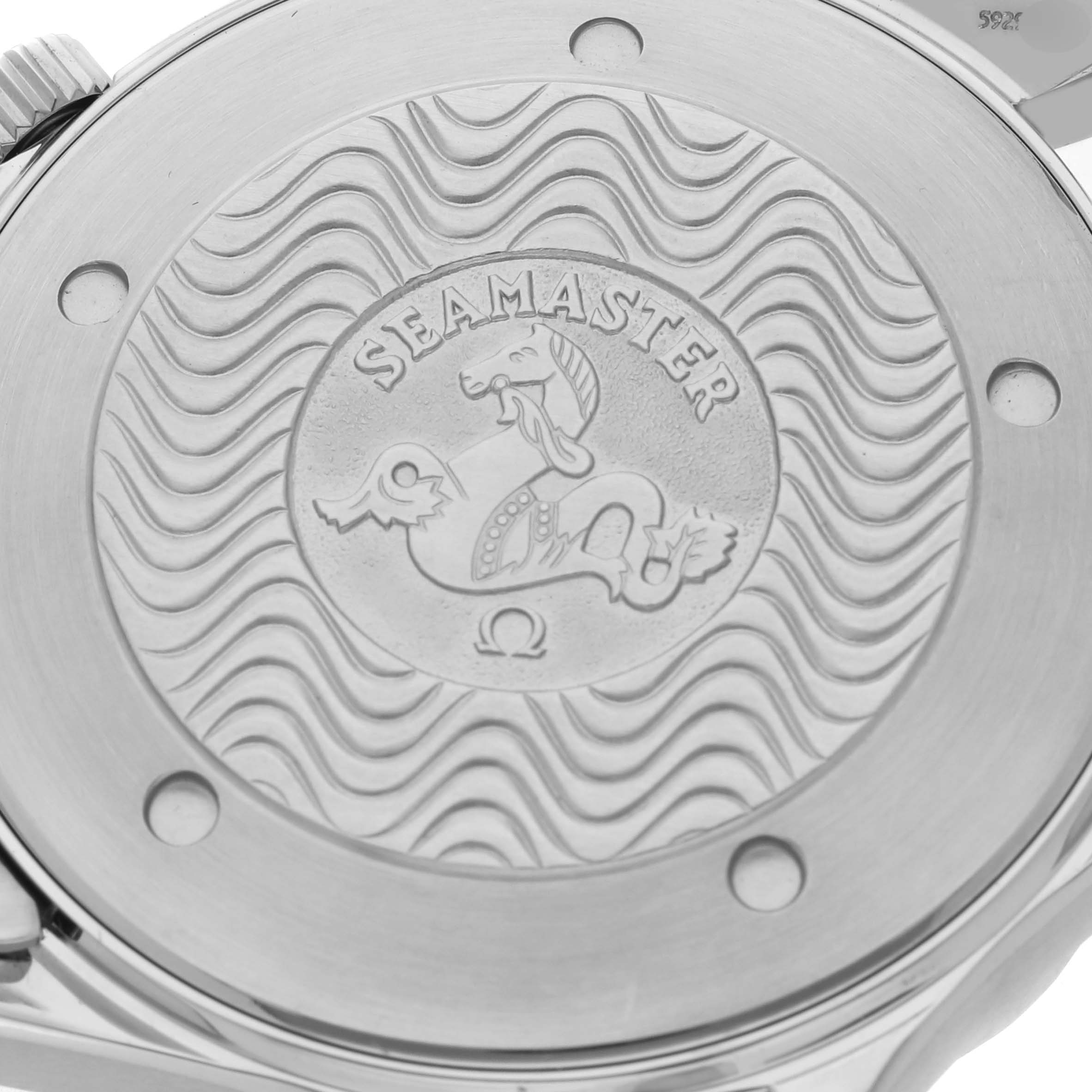 The image shows the case back of the Omega Seamaster 2264.50.00 Men
s Stainless Steel Black Dial 2264.50.00 Men
s Stainless Steel Black Dial watch, featuring the embossed logo.