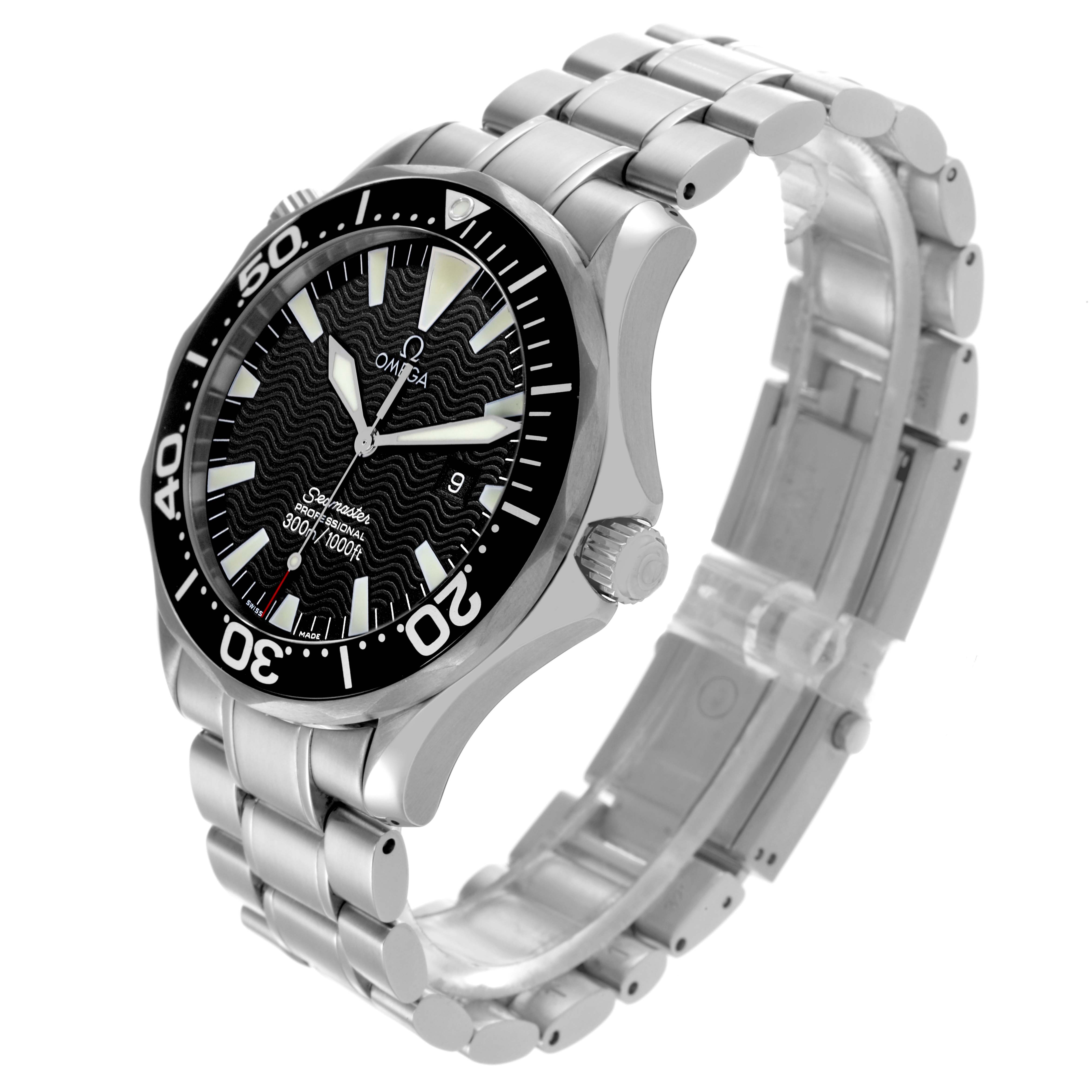The image shows an angled side view of the Omega Seamaster 2264.50.00 Men
s Stainless Steel Black Dial 2264.50.00 Men
s Stainless Steel Black Dial watch, highlighting the bezel, dial, crown, and bracelet.