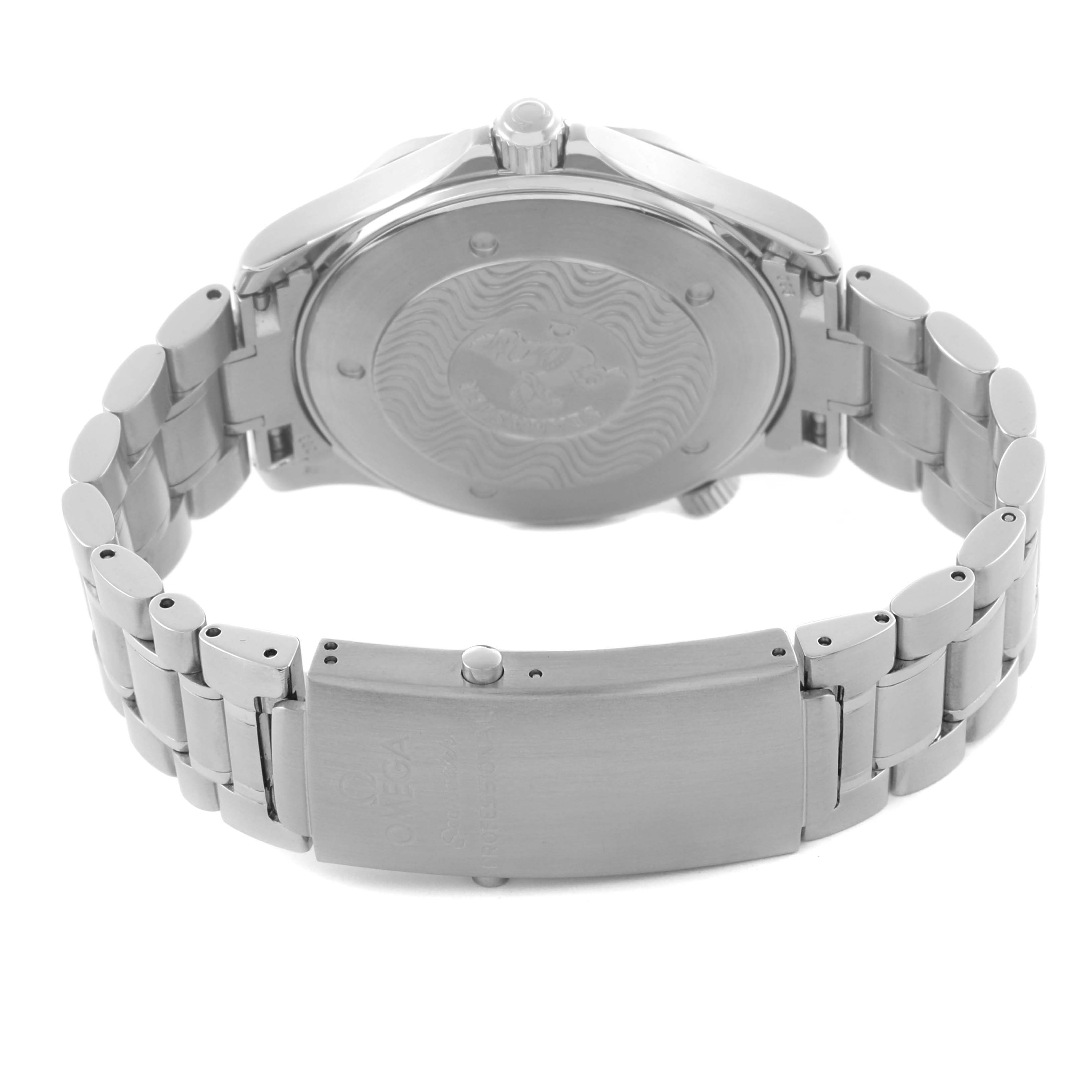 The Omega Seamaster 2264.50.00 Men
s Stainless Steel Black Dial 2264.50.00 Men
s Stainless Steel Black Dial watch is shown from the back, highlighting its case back and metal bracelet.