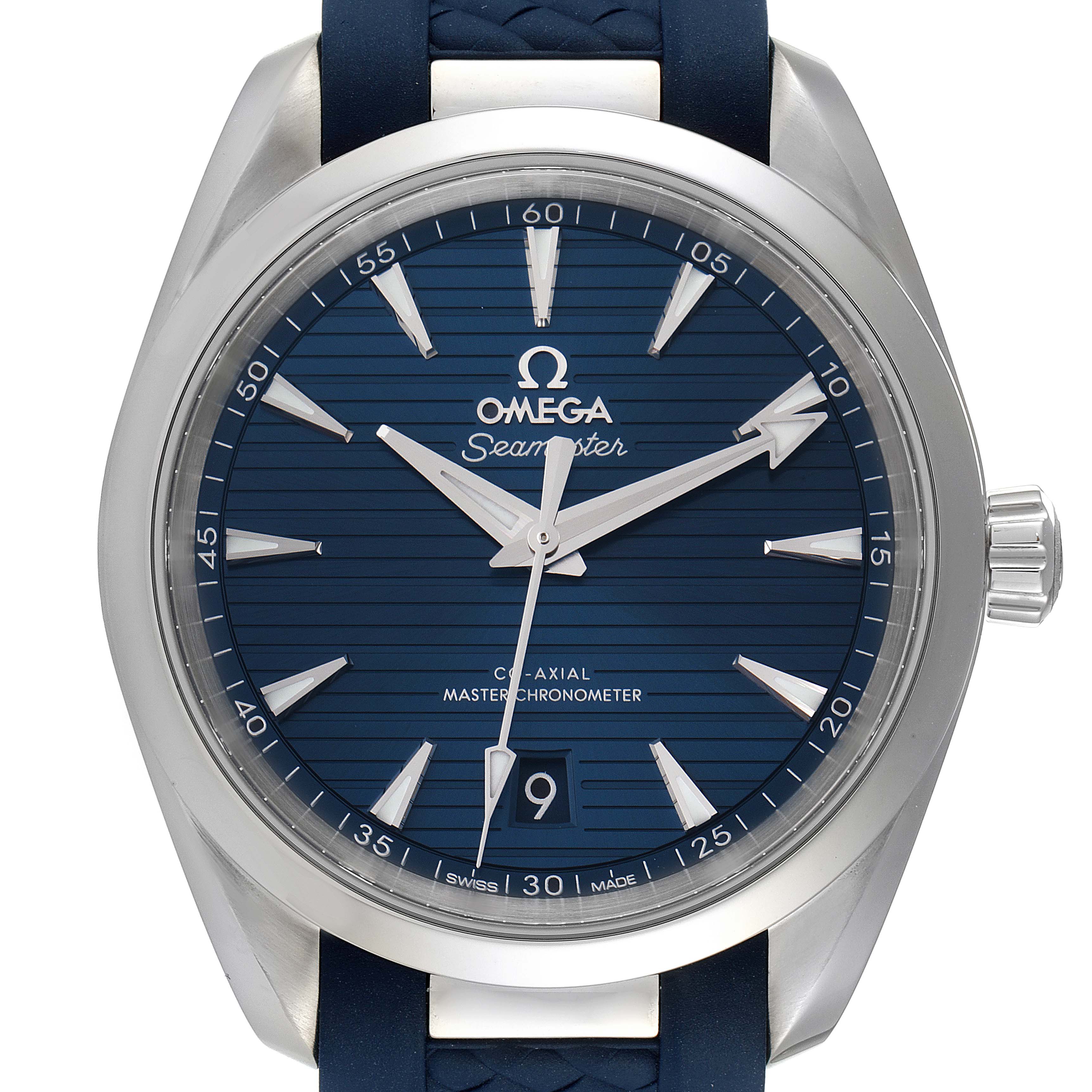 The image shows a frontal view of the Omega Aqua Terra 220.12.38.20.03.001 Men
s Stainless Steel Blue Dial 220.12.38.20.03.001 Men
s Stainless Steel Blue Dial watch, highlighting its blue dial, hour markers, hands, and date window at 6 o
clock.