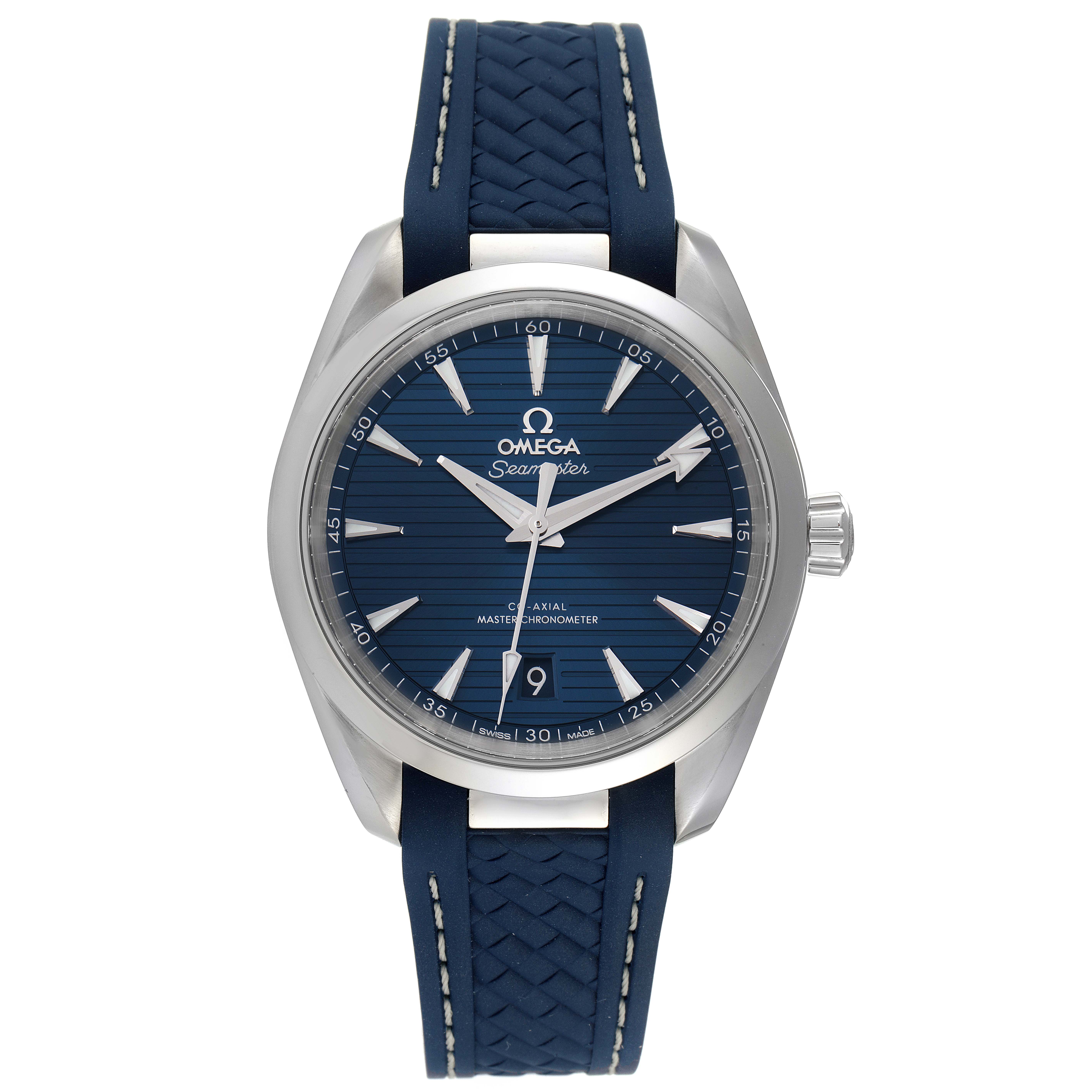 The Omega Aqua Terra 220.12.38.20.03.001 Men
s Stainless Steel Blue Dial 220.12.38.20.03.001 Men
s Stainless Steel Blue Dial watch is shown in a front view, displaying its blue dial, hands, markers, and strap.