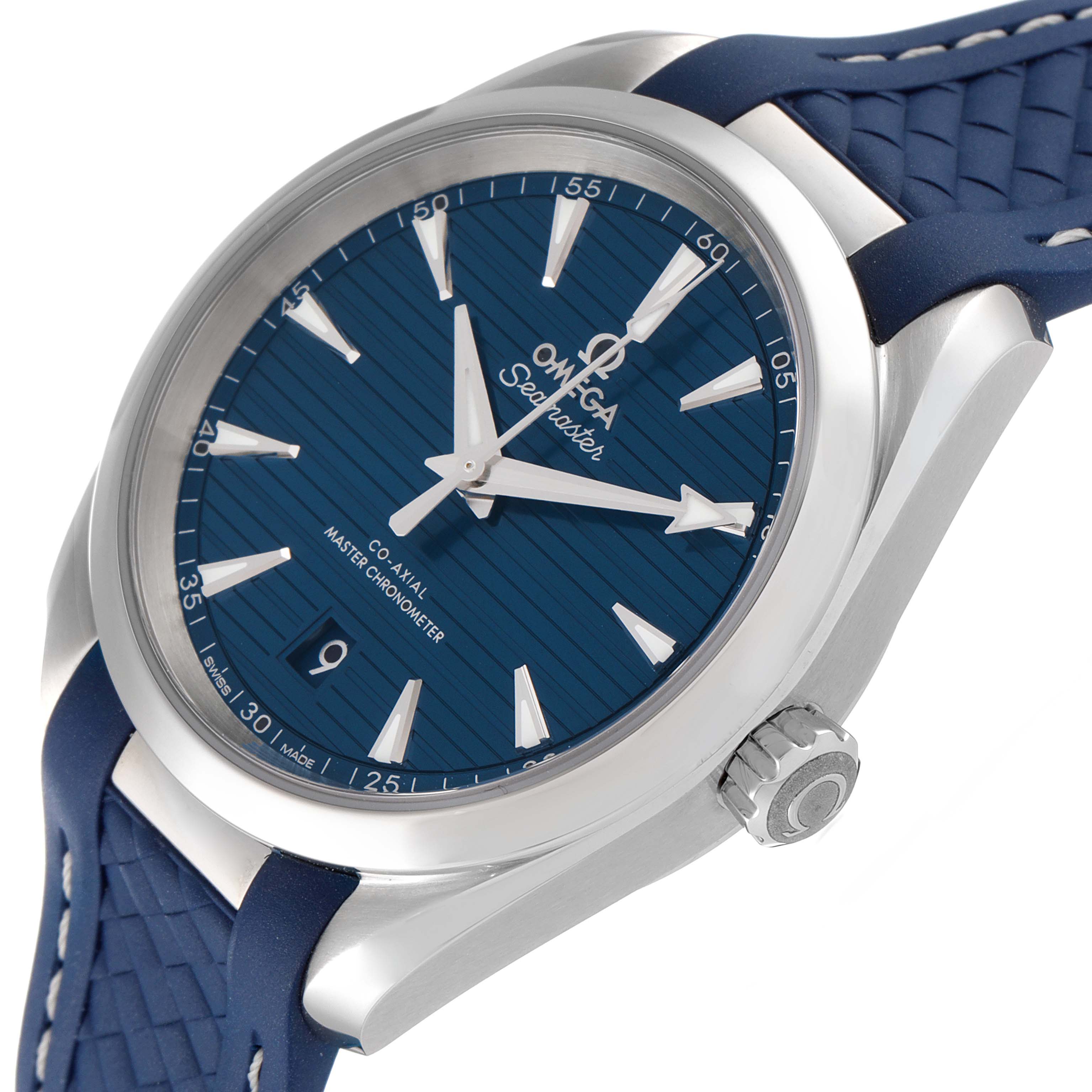 The image shows an Omega Aqua Terra 220.12.38.20.03.001 Men
s Stainless Steel Blue Dial 220.12.38.20.03.001 Men
s Stainless Steel Blue Dial watch from an angled side view, highlighting the crown, face, and strap.