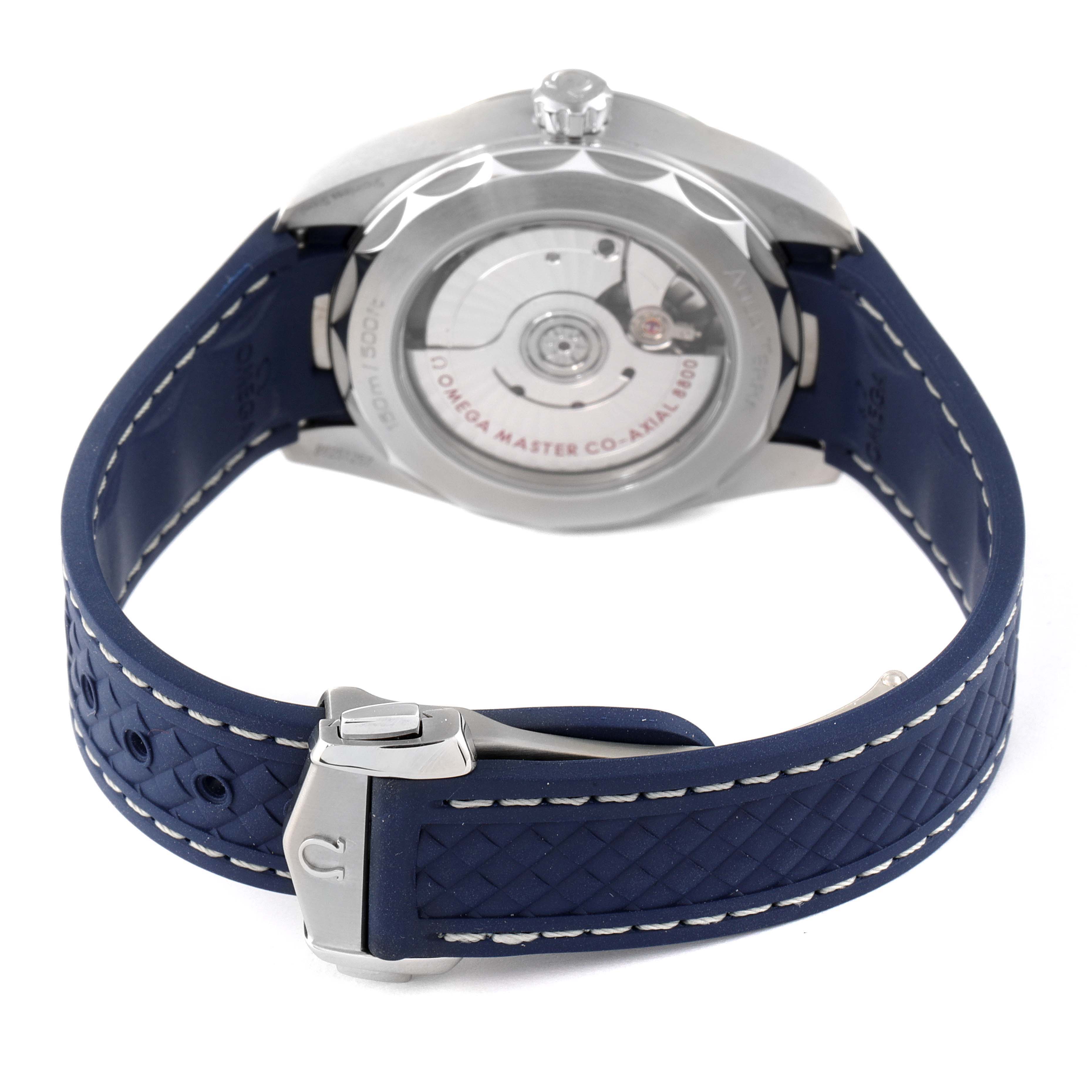 The image shows the back of the Omega Aqua Terra 220.12.38.20.03.001 Men
s Stainless Steel Blue Dial 220.12.38.20.03.001 Men
s Stainless Steel Blue Dial watch, highlighting the case back and blue strap.