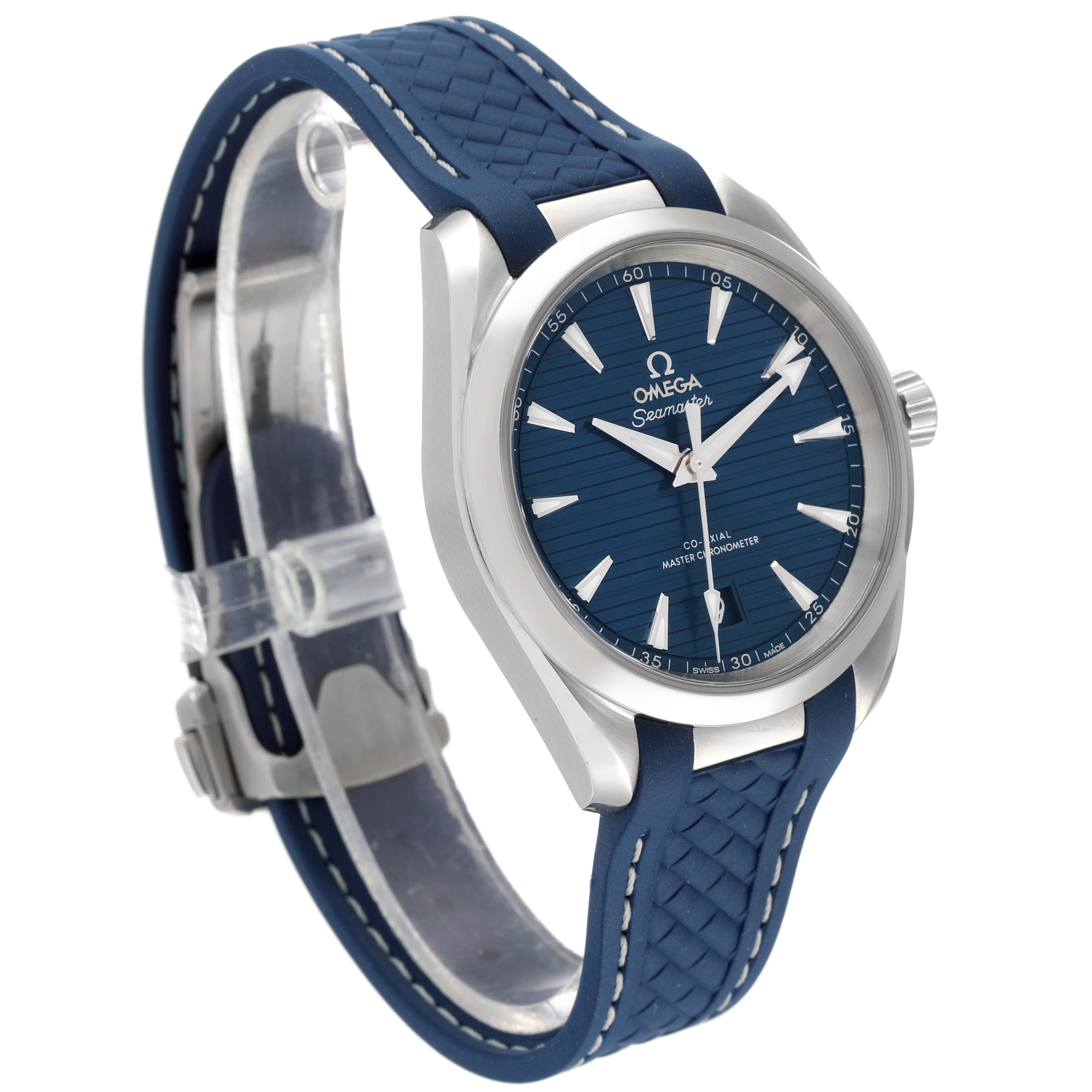 The Omega Aqua Terra 220.12.38.20.03.001 Men
s Stainless Steel Blue Dial 220.12.38.20.03.001 Men
s Stainless Steel Blue Dial watch is shown at a slight angle, highlighting its blue dial, silver case, and blue strap.
