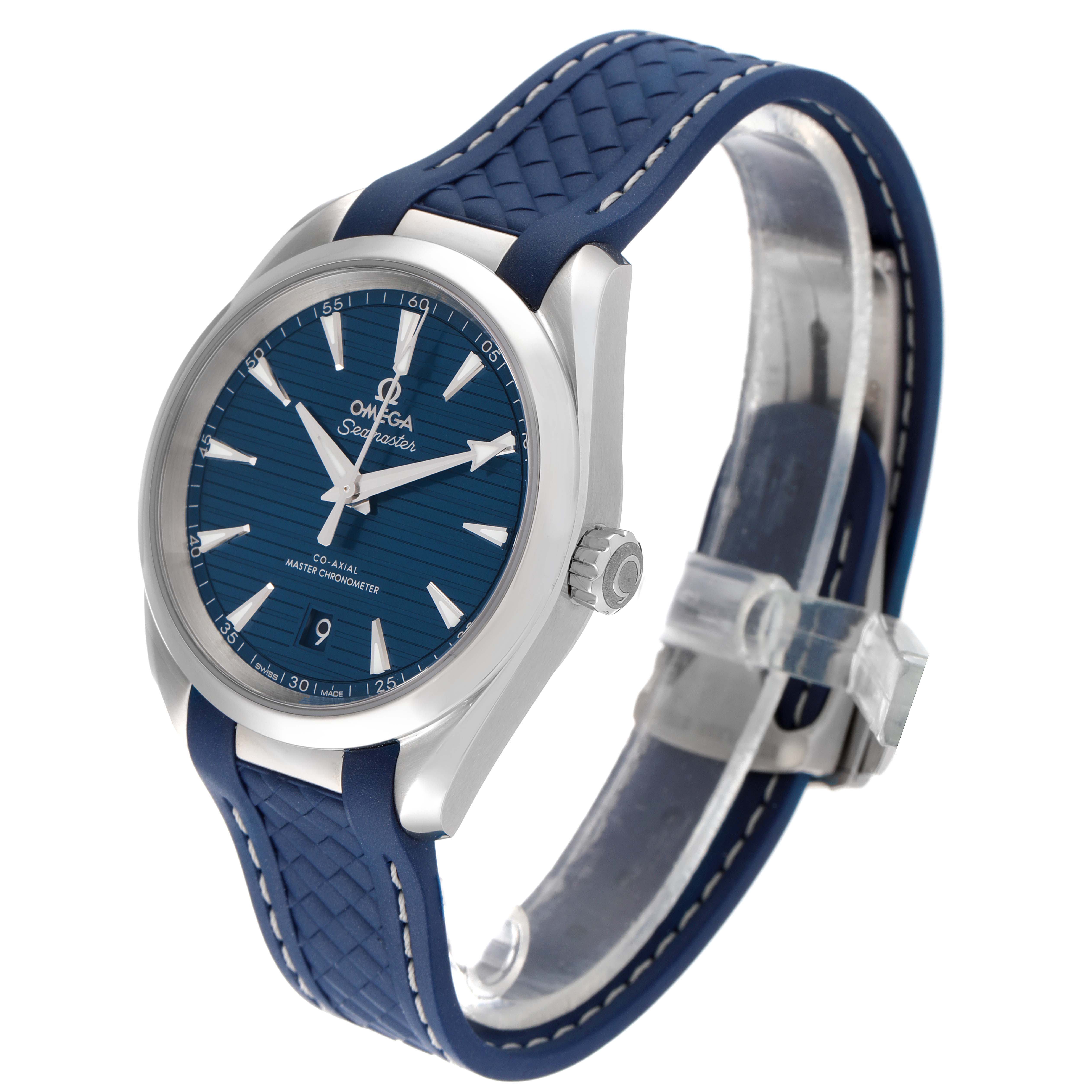 This image shows the Omega Aqua Terra 220.12.38.20.03.001 Men
s Stainless Steel Blue Dial 220.12.38.20.03.001 Men
s Stainless Steel Blue Dial watch angled from the front-right, highlighting its blue dial and strap.