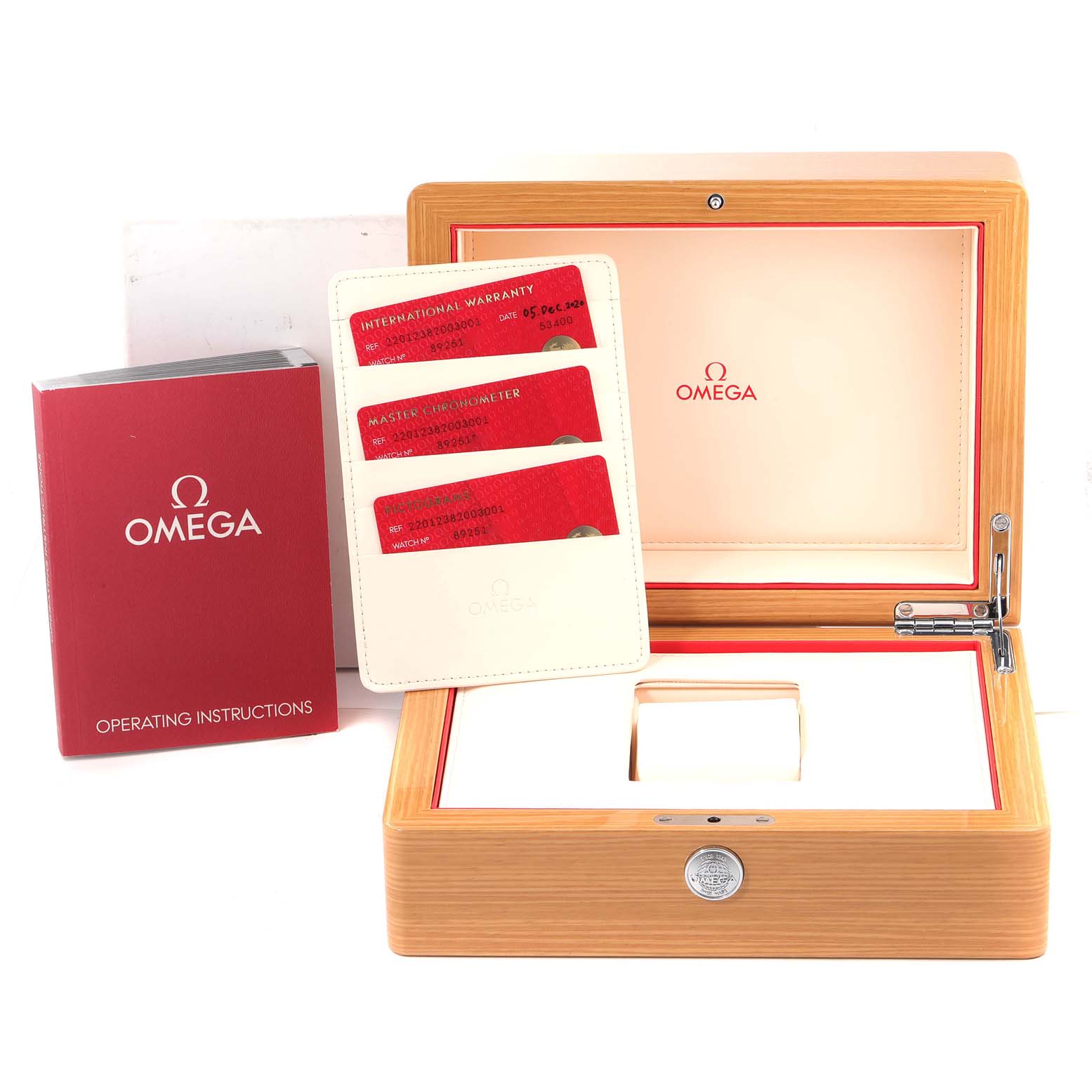 The image shows the Omega Aqua Terra 220.12.38.20.03.001 Men
s Stainless Steel Blue Dial 220.12.38.20.03.001 Men
s Stainless Steel Blue Dial watch packaging including the box, operating instructions, warranty cards, and a cardholder.