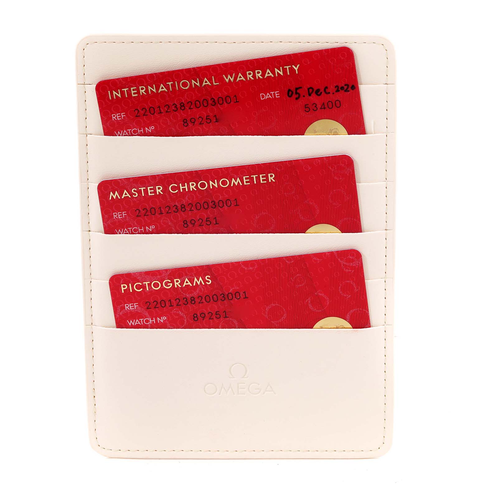 This image shows the warranty cards and documentation holder for the Omega Aqua Terra 220.12.38.20.03.001 Men
s Stainless Steel Blue Dial 220.12.38.20.03.001 Men
s Stainless Steel Blue Dial model, viewed from the front.