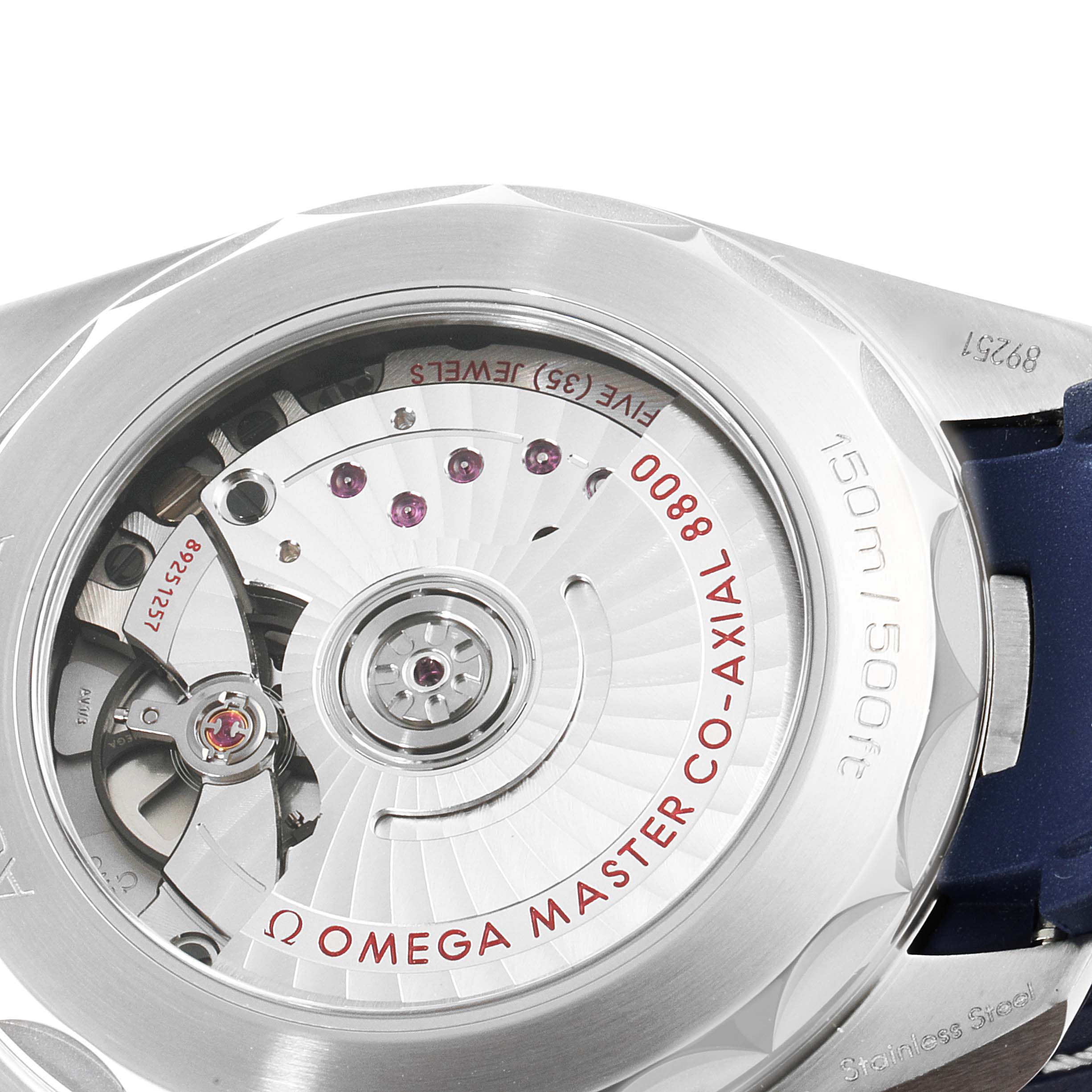 This image shows the back view of the Omega Aqua Terra 220.12.38.20.03.001 Men
s Stainless Steel Blue Dial 220.12.38.20.03.001 Men
s Stainless Steel Blue Dial watch, highlighting its exposed movement and internal mechanics.