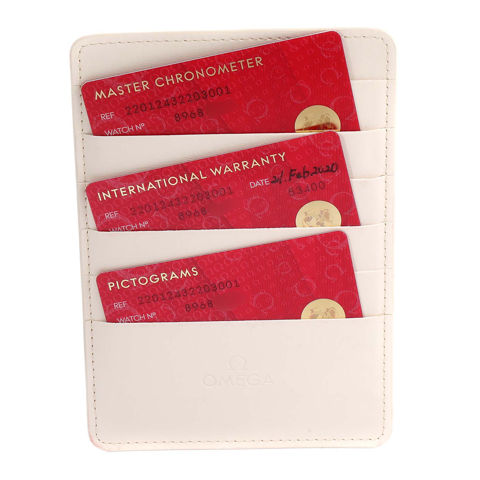 The image shows the Master Chronometer, International Warranty, and Pictograms cards for an Omega Aqua Terra 220.12.43.22.03.001 Men's Stainless Steel Blue Dial 220.12.43.22.03.001 Men's Stainless Steel Blue Dial watch, placed in a white cardholder.