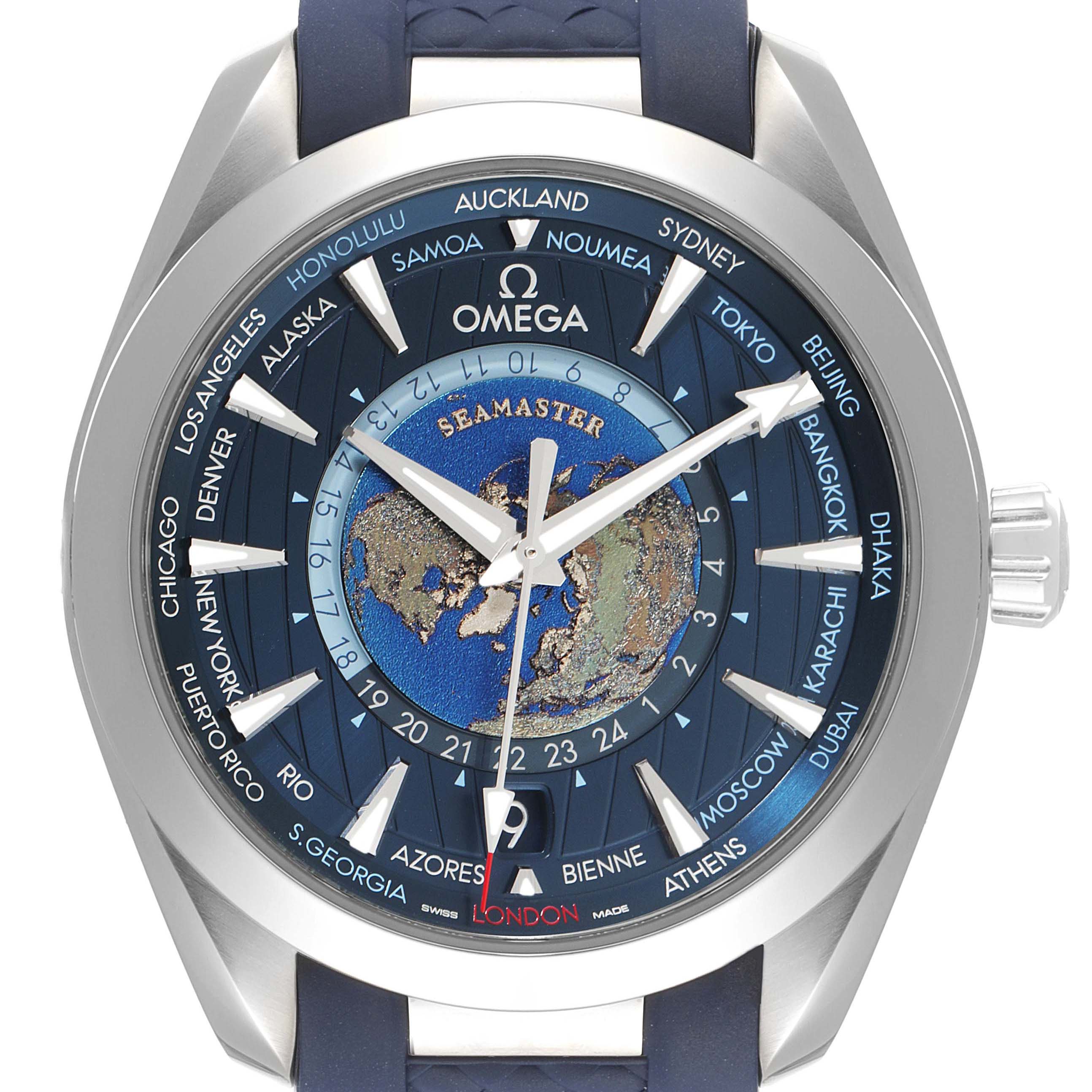 The image shows a frontal view of the Omega Aqua Terra 220.12.43.22.03.001 Men's Stainless Steel Blue Dial 220.12.43.22.03.001 Men's Stainless Steel Blue Dial Seamaster watch, showcasing the dial, bezel, and strap attachment.