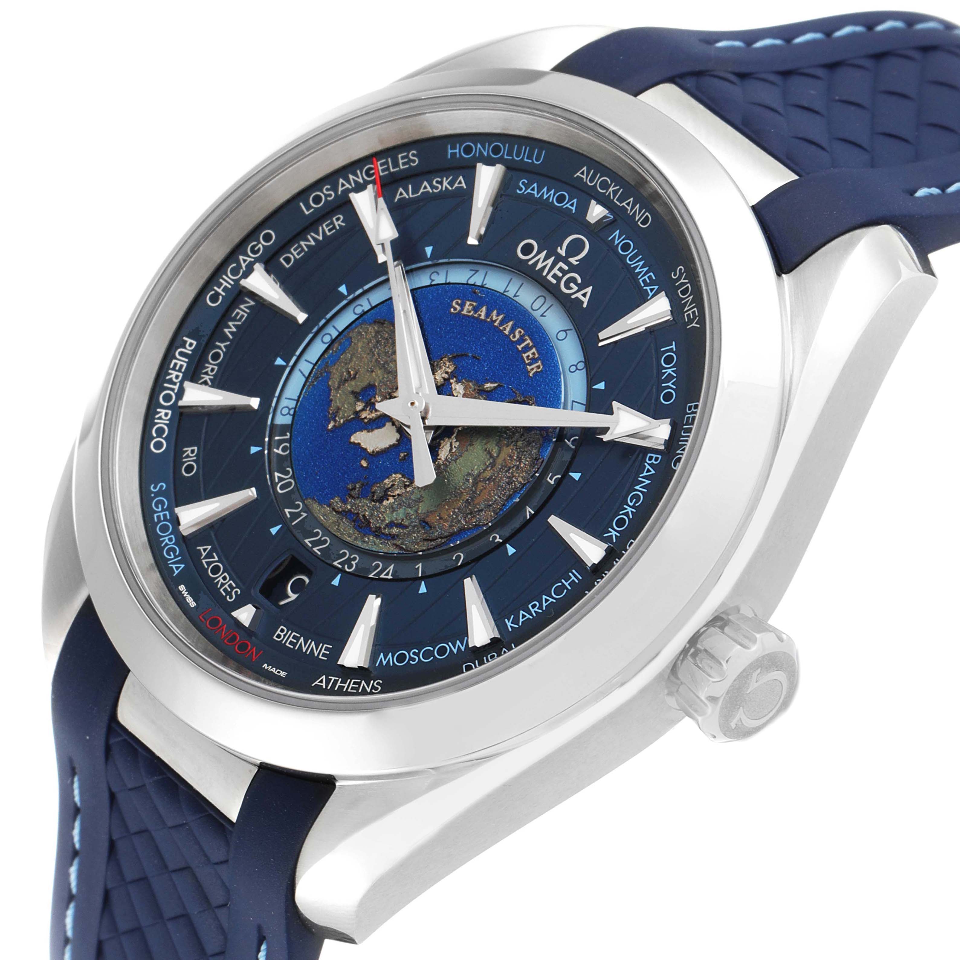 The image shows an angled view of the Omega Aqua Terra 220.12.43.22.03.001 Men's Stainless Steel Blue Dial 220.12.43.22.03.001 Men's Stainless Steel Blue Dial watch, highlighting its dial, bezel, and part of its strap.