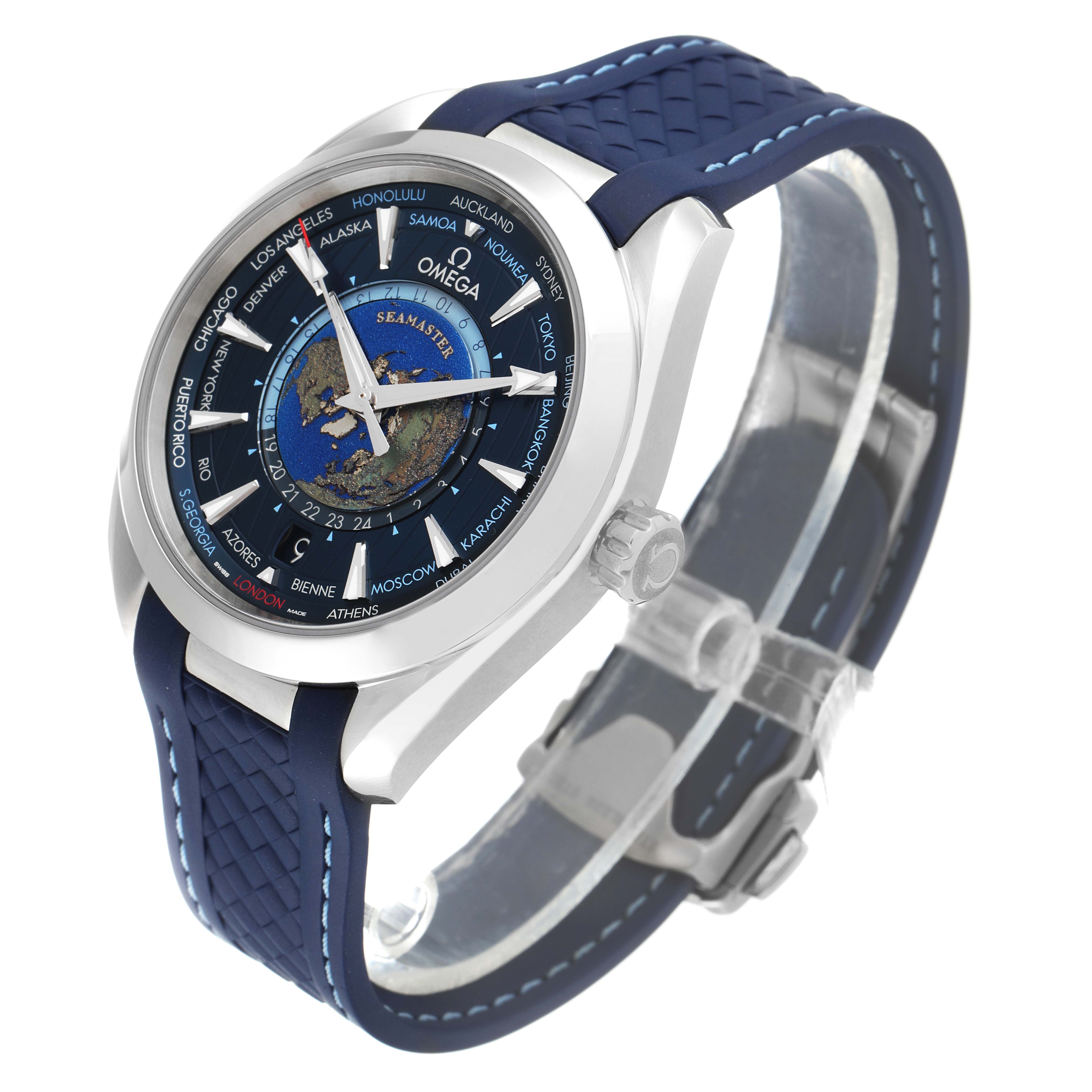 The image shows a side-angle view of the Omega Aqua Terra 220.12.43.22.03.001 Men's Stainless Steel Blue Dial 220.12.43.22.03.001 Men's Stainless Steel Blue Dial watch, highlighting the face, bezel, crown, and blue strap.