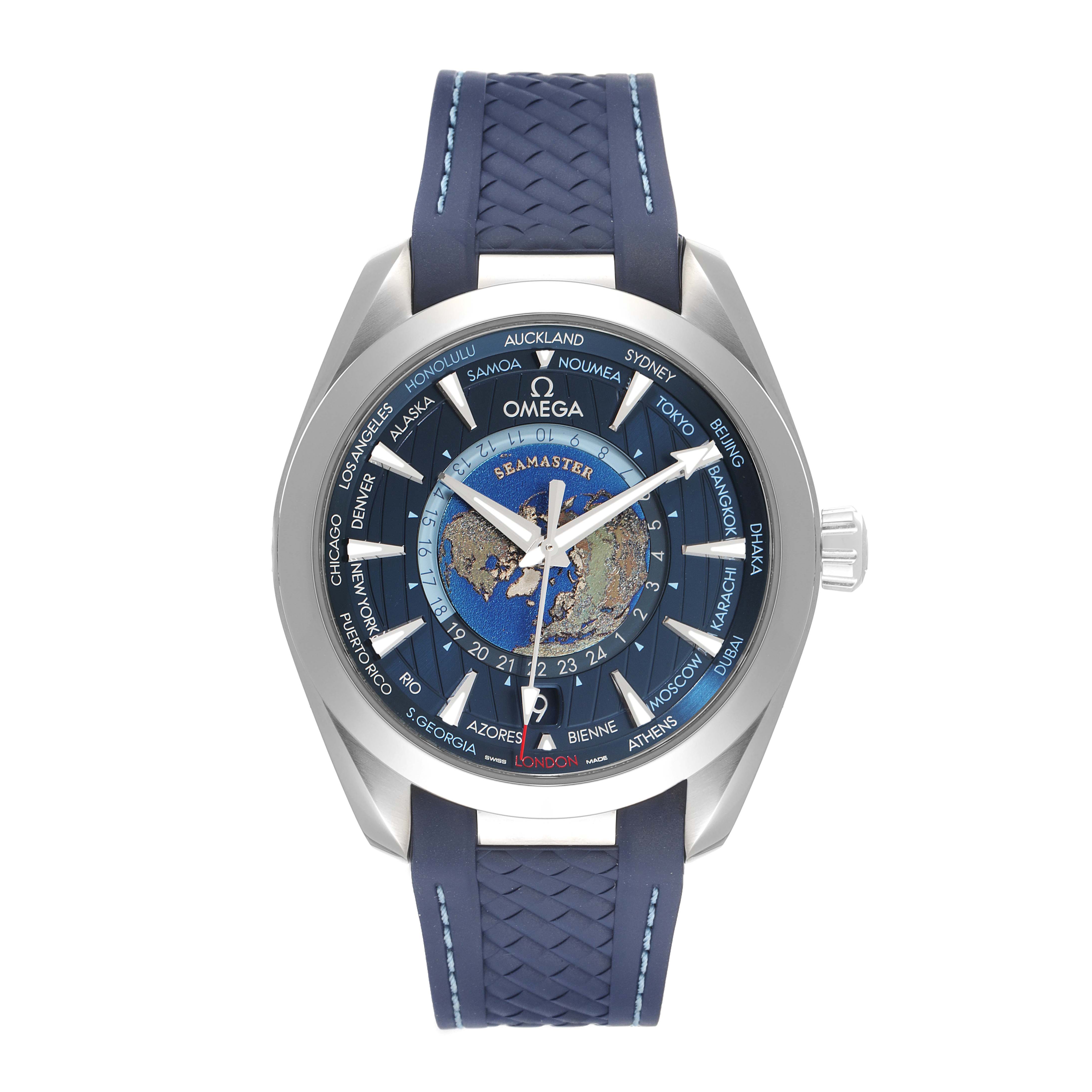 The Omega Aqua Terra 220.12.43.22.03.001 Men's Stainless Steel Blue Dial 220.12.43.22.03.001 Men's Stainless Steel Blue Dial watch is shown from a front angle, highlighting the blue dial and strap, world time cities, and hands.