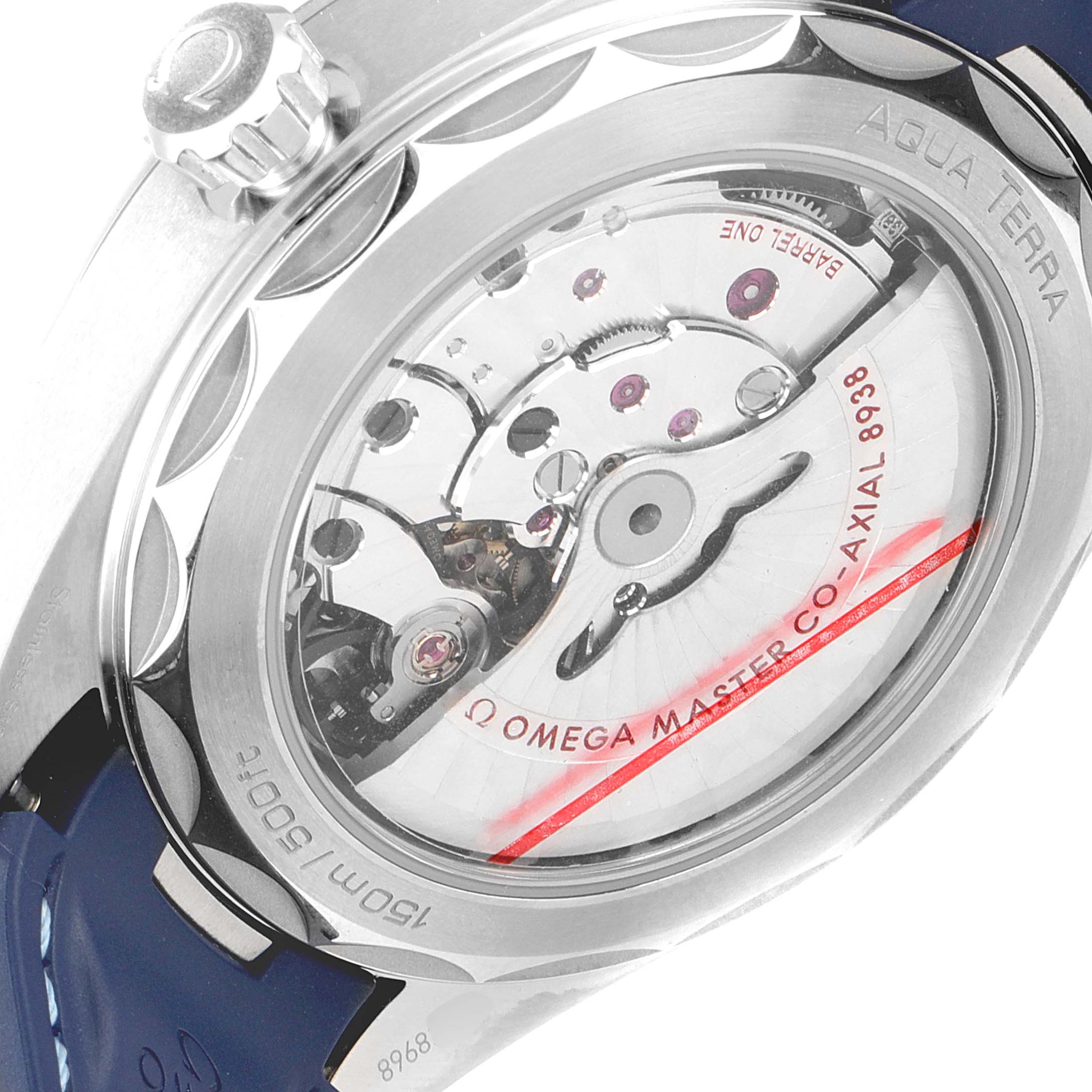 The image shows the back view of the Omega Aqua Terra 220.12.43.22.03.001 Men's Stainless Steel Blue Dial 220.12.43.22.03.001 Men's Stainless Steel Blue Dial watch, revealing its movement and the transparent case back.