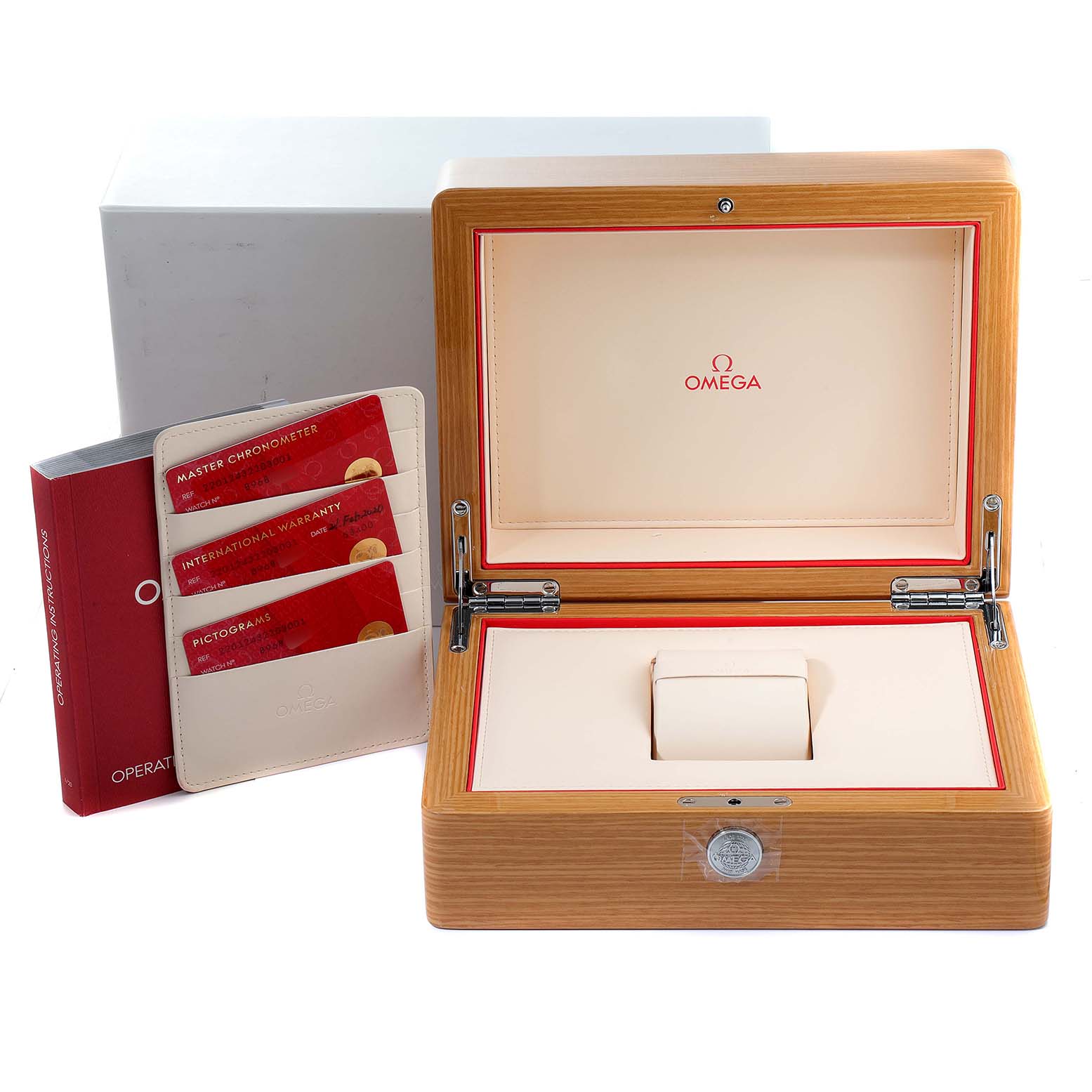 This image shows the packaging and accessories of the Omega Aqua Terra 220.12.43.22.03.001 Men's Stainless Steel Blue Dial 220.12.43.22.03.001 Men's Stainless Steel Blue Dial watch, including the box, warranty cards, and manual.