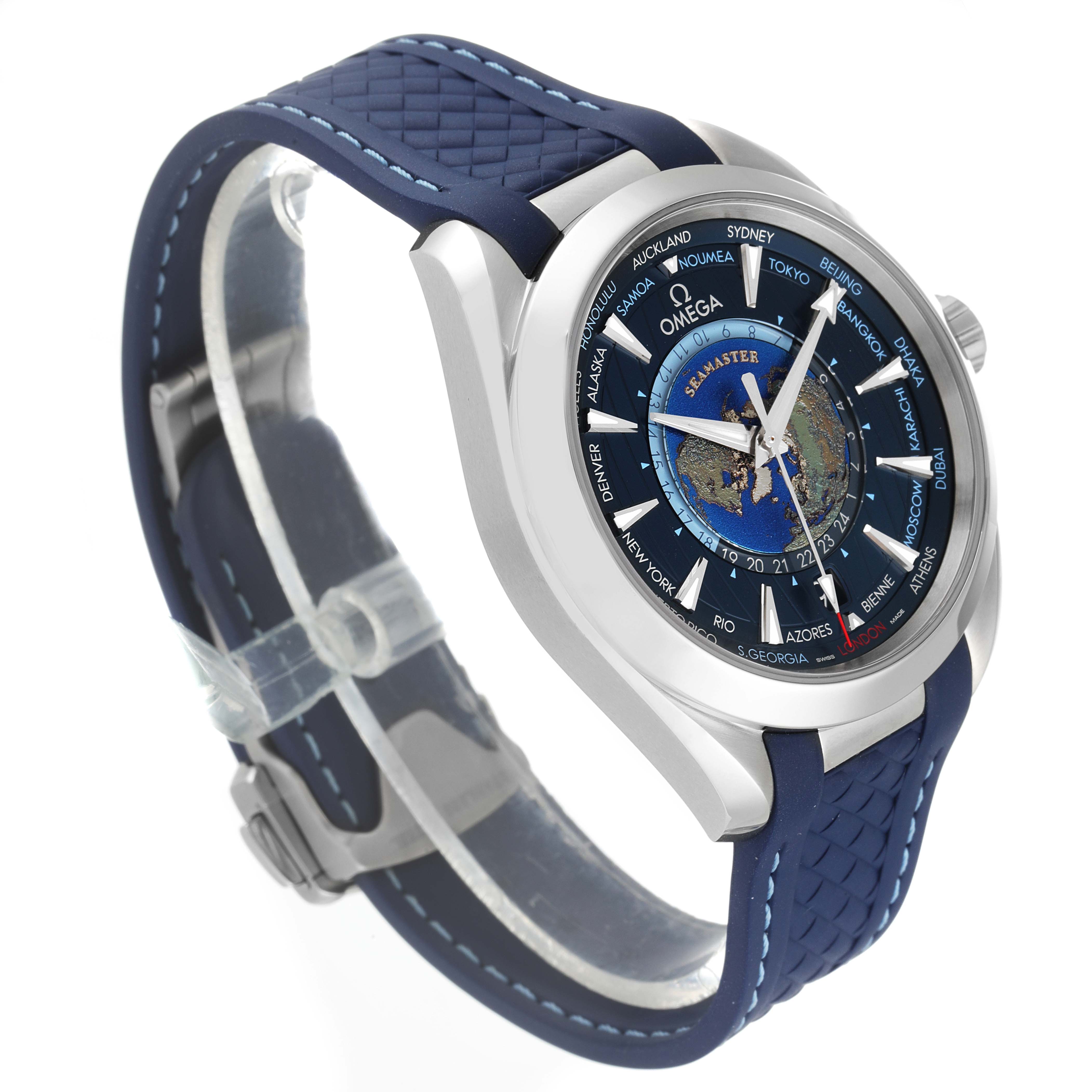 The Omega Aqua Terra 220.12.43.22.03.001 Men's Stainless Steel Blue Dial 220.12.43.22.03.001 Men's Stainless Steel Blue Dial watch is shown from a three-quarter angle, displaying the face, bezel, crown, and blue strap.