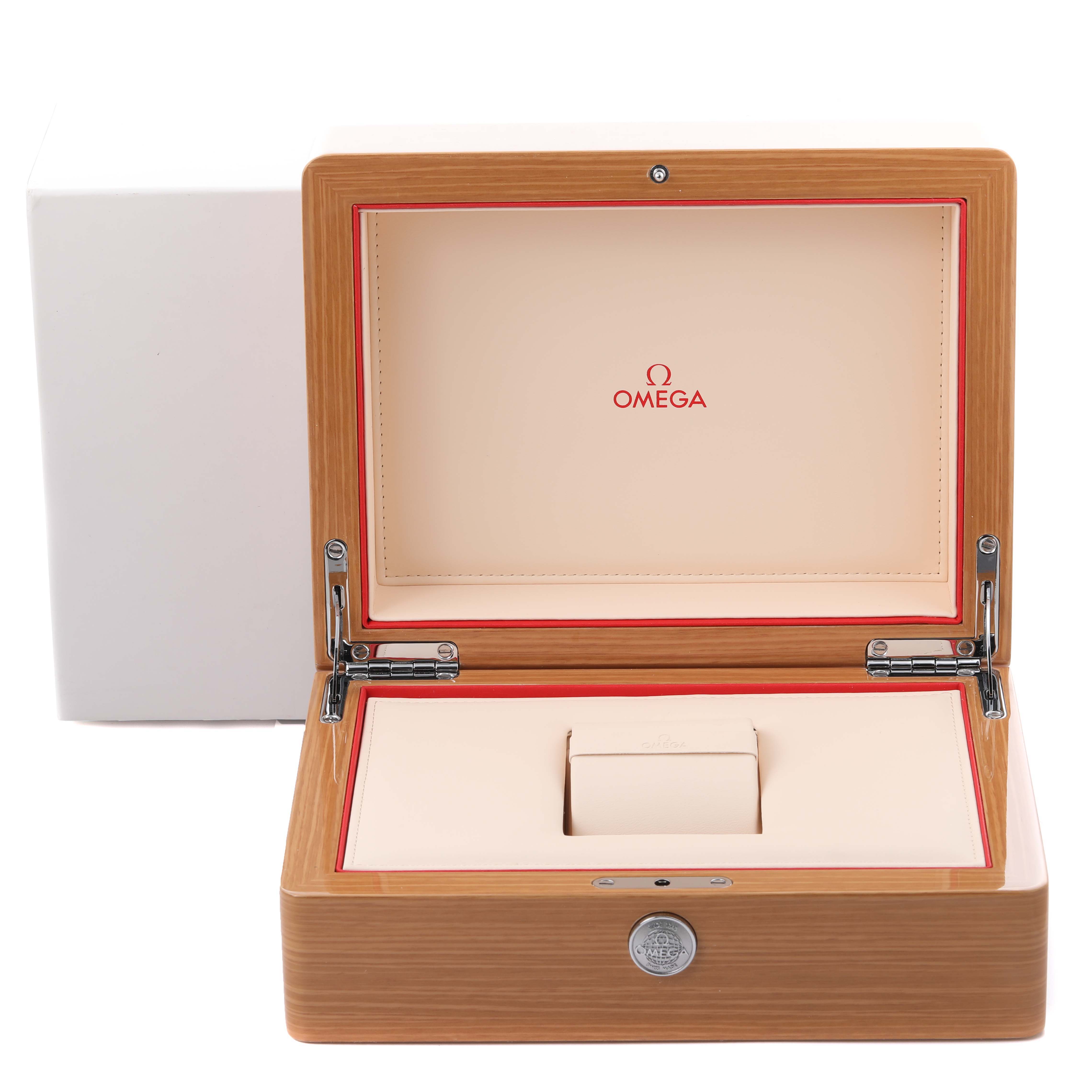 The image shows an open Omega Seamaster 212.30.41.20.01.003 Men
s Stainless Steel Black Dial 212.30.41.20.01.003 Men
s Stainless Steel Black Dial watch box at a front angle, highlighting its interior and hinges.