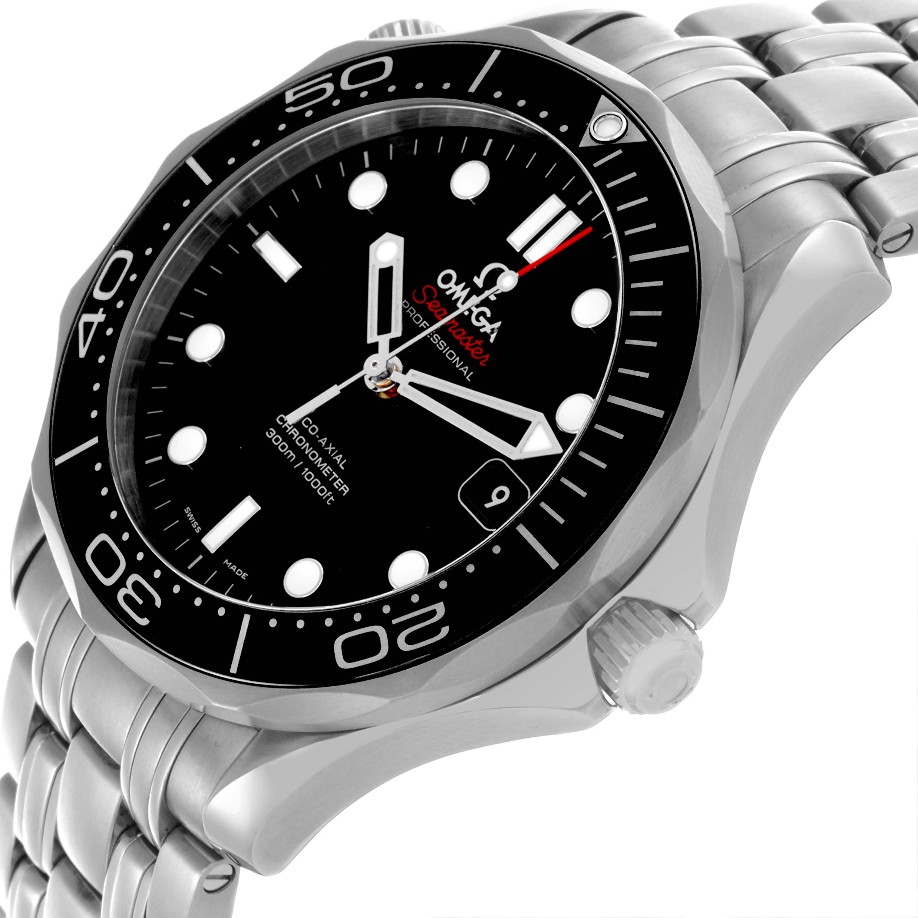 The Omega Seamaster 212.30.41.20.01.003 Men
s Stainless Steel Black Dial 212.30.41.20.01.003 Men
s Stainless Steel Black Dial watch is shown at an angled side view, featuring the bezel, dial, bracelet, and crown.