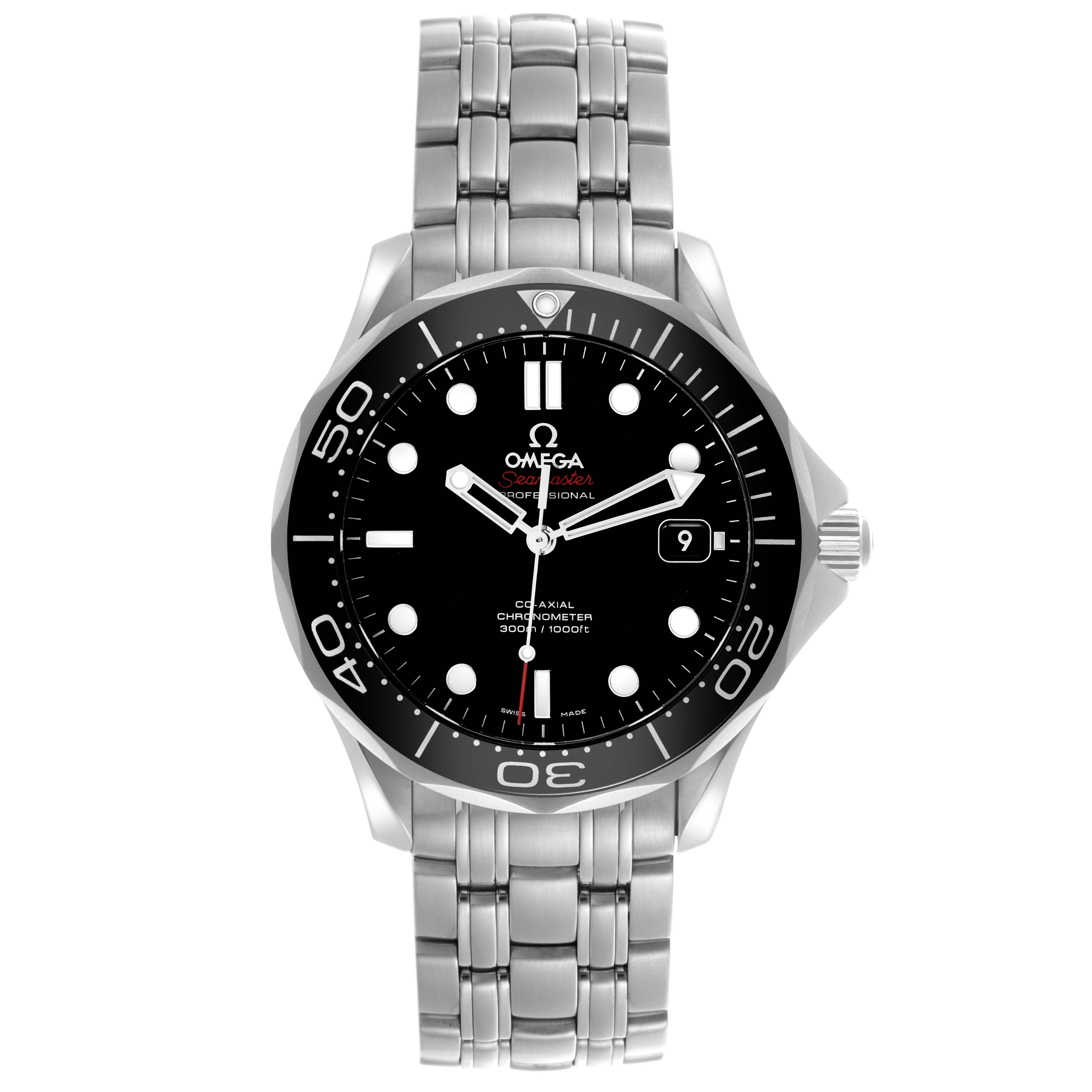 The Omega Seamaster 212.30.41.20.01.003 Men
s Stainless Steel Black Dial 212.30.41.20.01.003 Men
s Stainless Steel Black Dial watch is shown from the front, highlighting the face, bezel, and bracelet.
