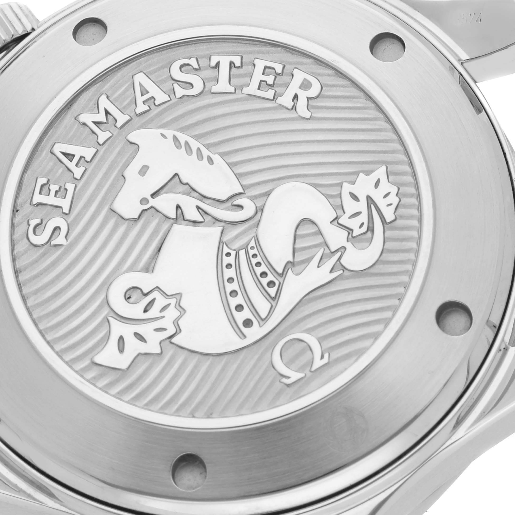 The image shows a close-up of the Omega Seamaster 212.30.41.20.01.003 Men
s Stainless Steel Black Dial 212.30.41.20.01.003 Men
s Stainless Steel Black Dial
s case back, featuring the logo and engraved design.