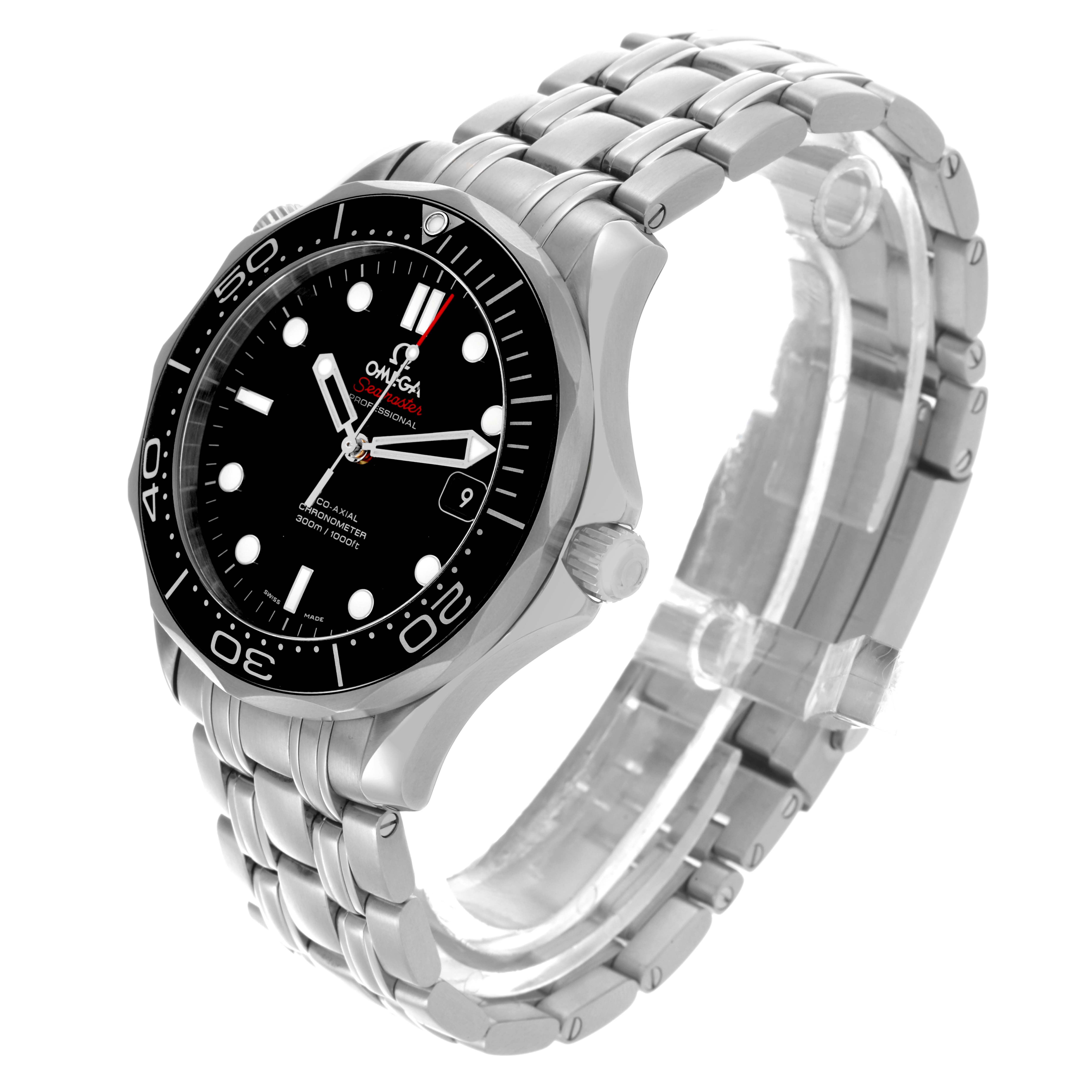 The Omega Seamaster 212.30.41.20.01.003 Men
s Stainless Steel Black Dial 212.30.41.20.01.003 Men
s Stainless Steel Black Dial watch is shown at a three-quarter angle, displaying the face, bezel, crown, and metal bracelet.