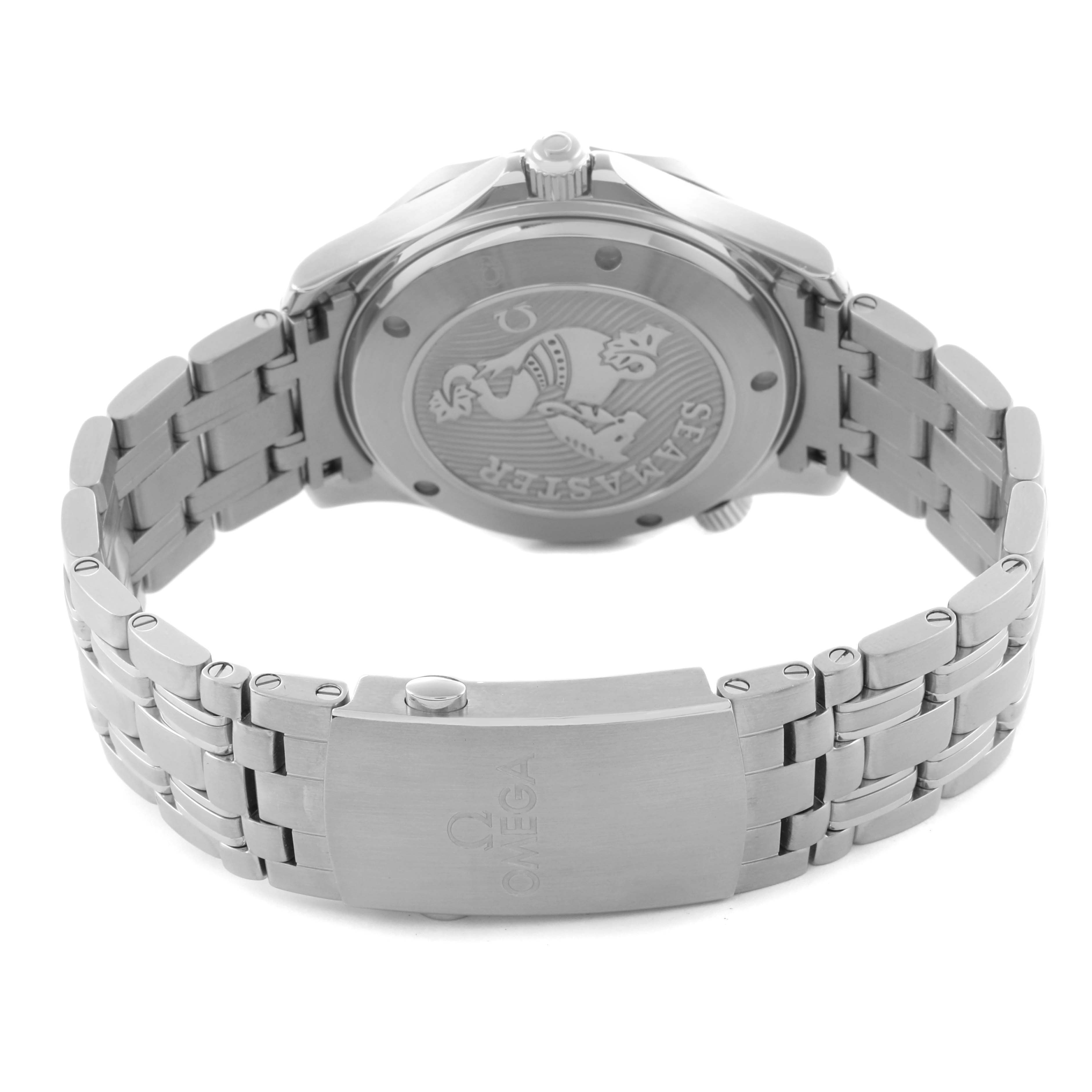 The Omega Seamaster 212.30.41.20.01.003 Men
s Stainless Steel Black Dial 212.30.41.20.01.003 Men
s Stainless Steel Black Dial watch is shown from the back, displaying the engraved case back and stainless steel bracelet with clasp.