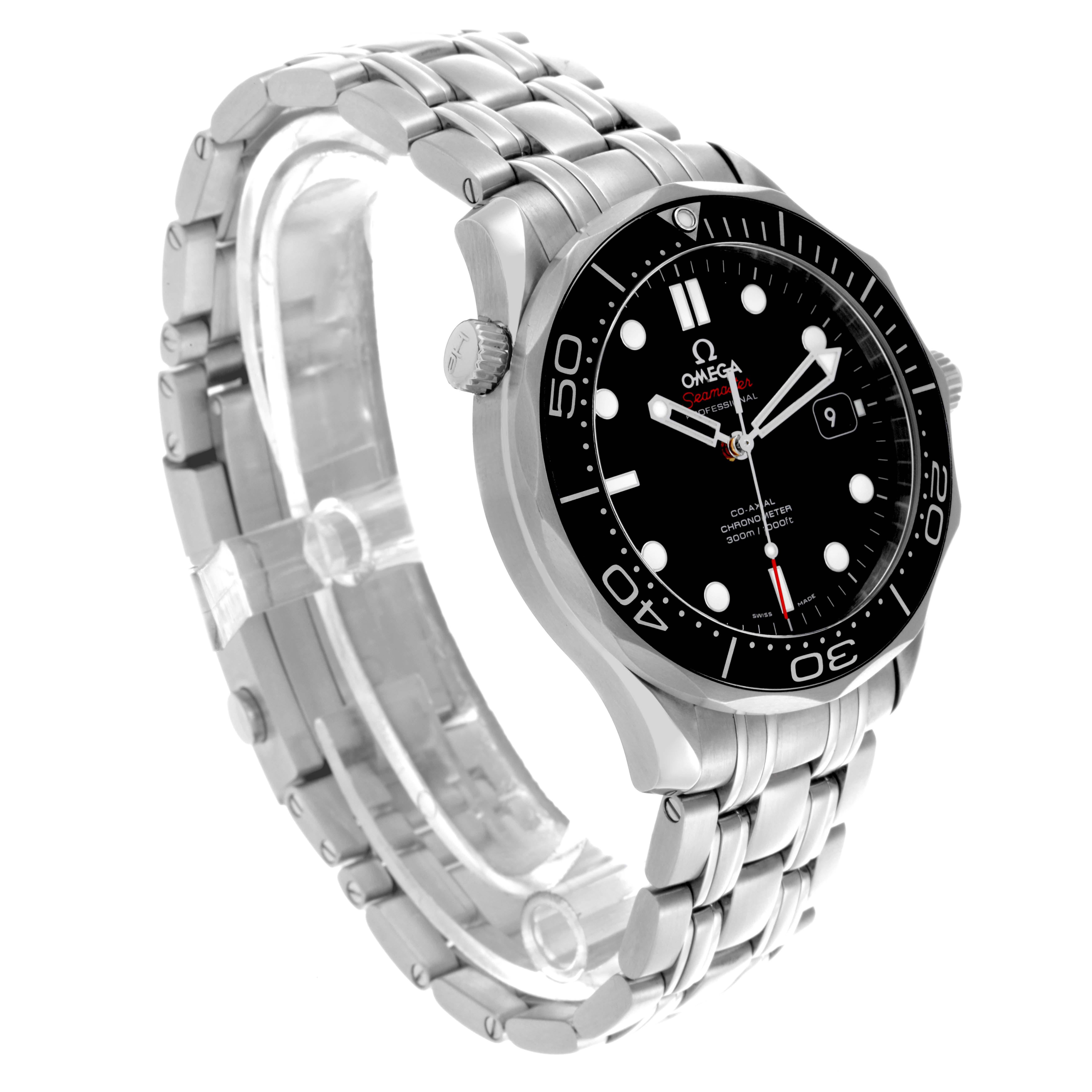 The Omega Seamaster 212.30.41.20.01.003 Men
s Stainless Steel Black Dial 212.30.41.20.01.003 Men
s Stainless Steel Black Dial watch is shown at a three-quarter angle, highlighting the bezel, dial, and bracelet.