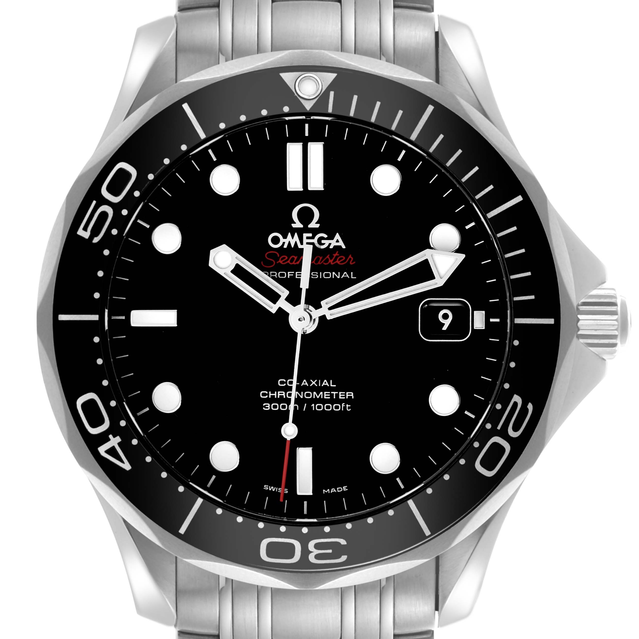 The Omega Seamaster 212.30.41.20.01.003 Men
s Stainless Steel Black Dial 212.30.41.20.01.003 Men
s Stainless Steel Black Dial watch is shown from a front angle, displaying the face, bezel, and part of the bracelet.