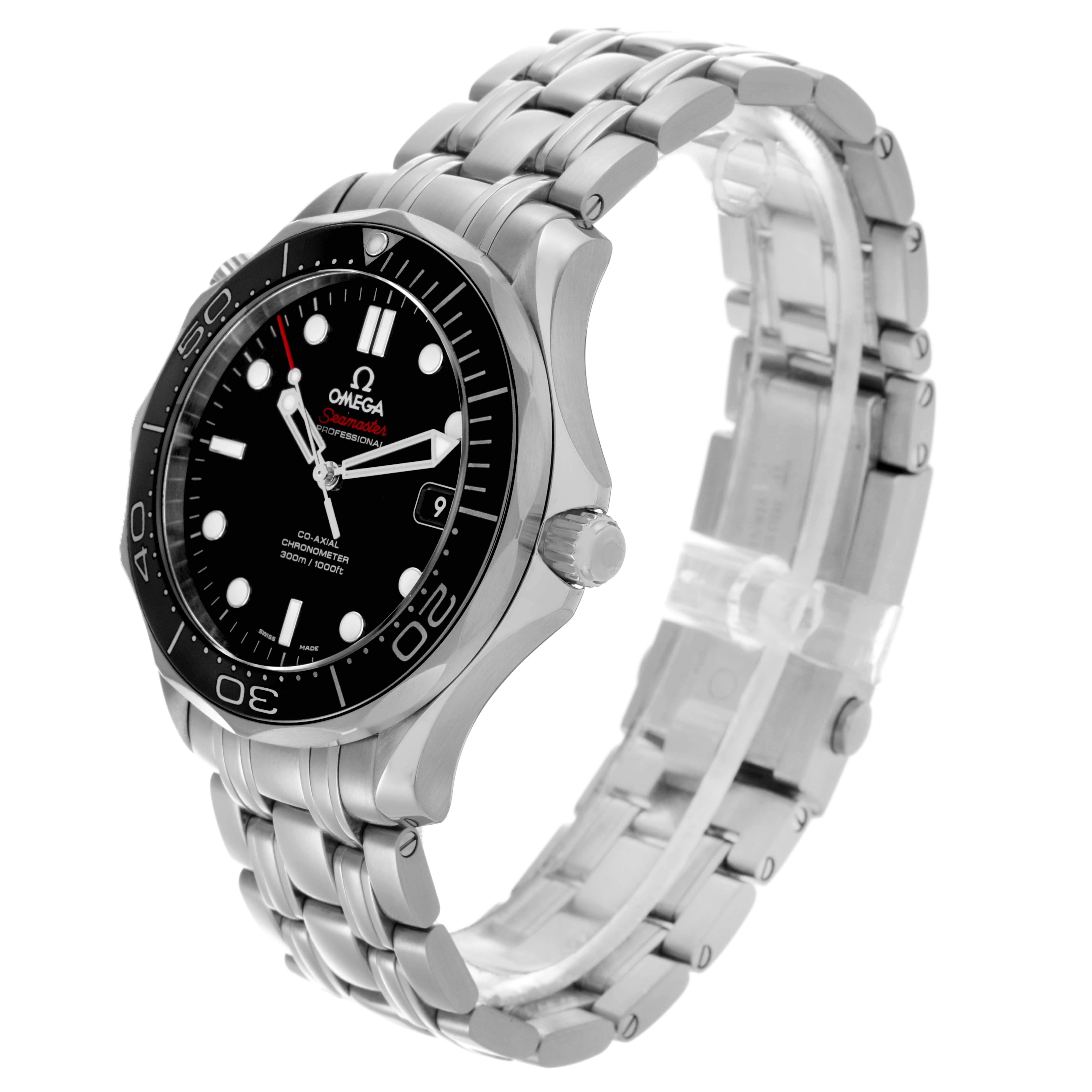 The Omega Seamaster 212.30.41.20.01.003 Men
s Stainless Steel Black Dial 212.30.41.20.01.003 Men
s Stainless Steel Black Dial model is shown from a three-quarter angle, highlighting the face, bezel, and bracelet.