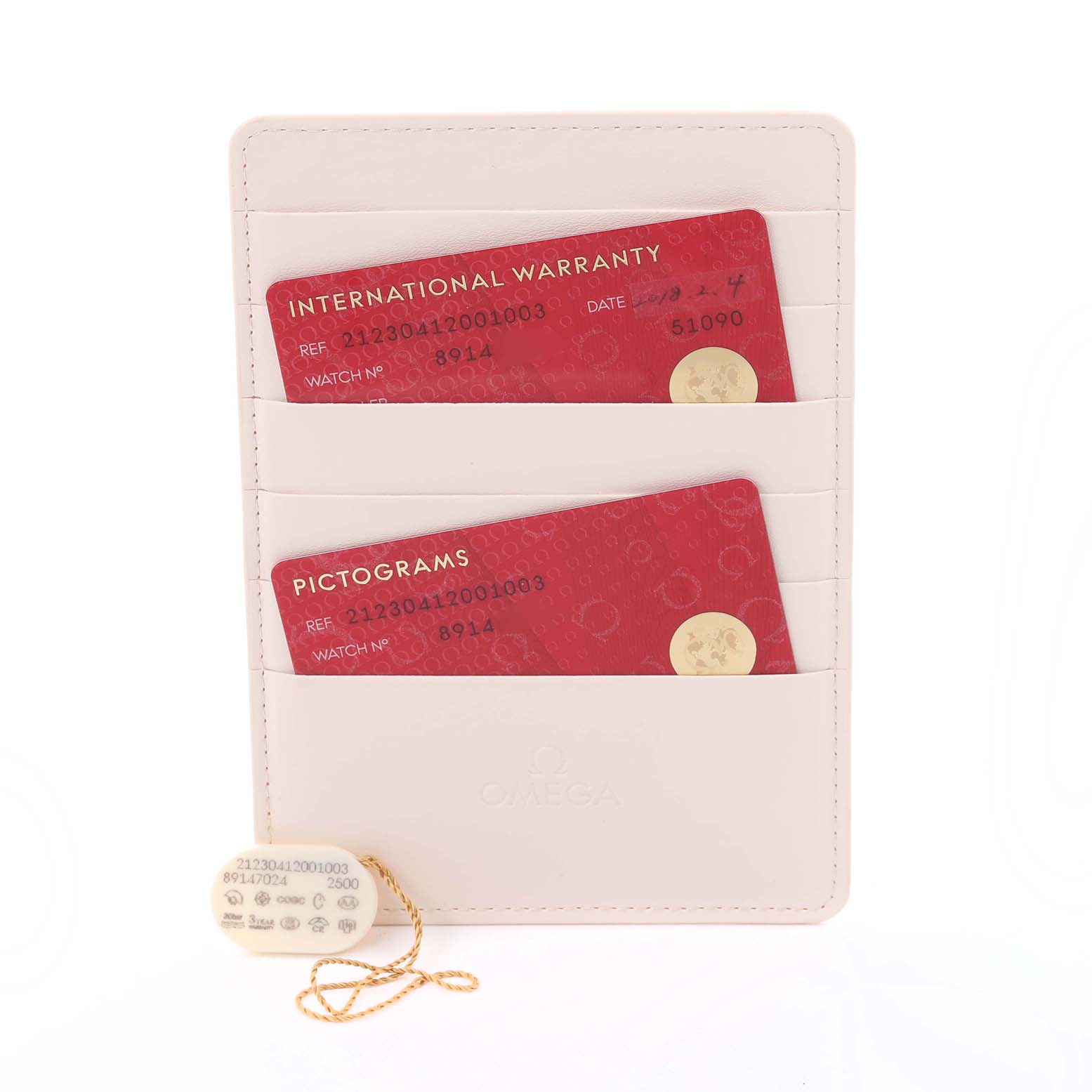 The image shows Omega Seamaster 212.30.41.20.01.003 Men
s Stainless Steel Black Dial 212.30.41.20.01.003 Men
s Stainless Steel Black Dial warranty cards and a tag, displayed vertically in a white card holder.