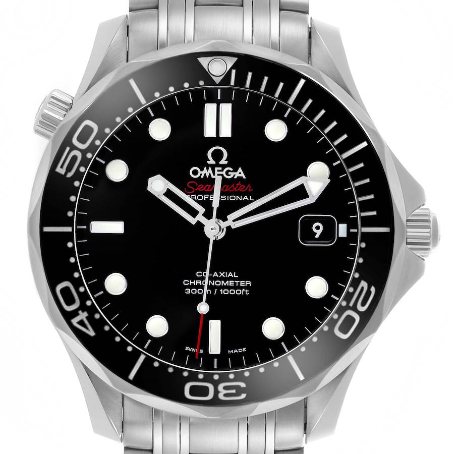 The image shows a front view of the Omega Seamaster watch, displaying its face, bezel, and part of the bracelet.